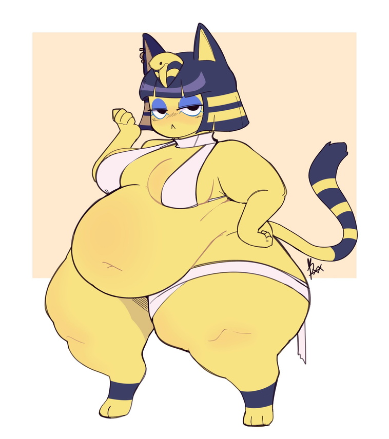 1girls :< animal_crossing ankha anthro belly_overhang big_belly big_thighs blush breasts catgirl chubby chubby_female eyeshadow hand_on_hip huge_thighs lard_ass looking_at_viewer obese obese_female overweight overweight_female purple_hair revealing_clothes short_hair shortstack simple_background solo_female tail thick_thighs unamused yellow_fur