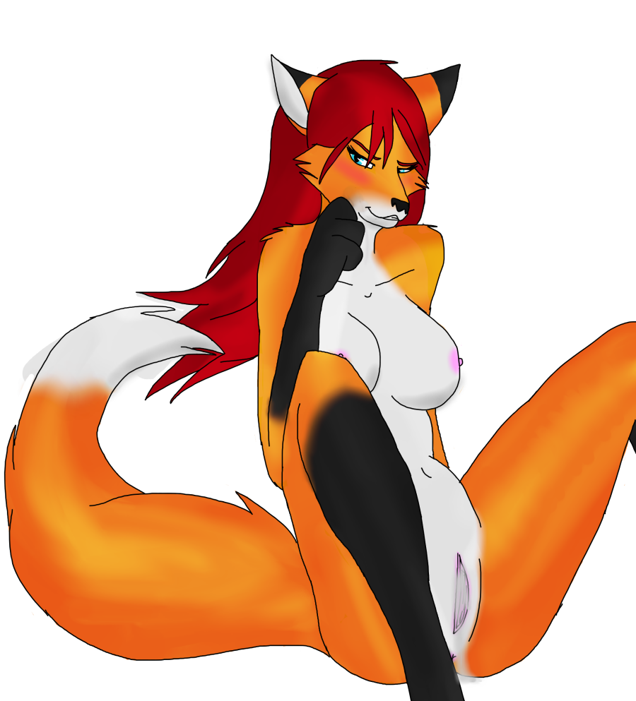 aroused big_breasts blue_eyes blush breasts canine female female_fox fox fur furry_ears furry_tail samantha_arrow solo syntex tail