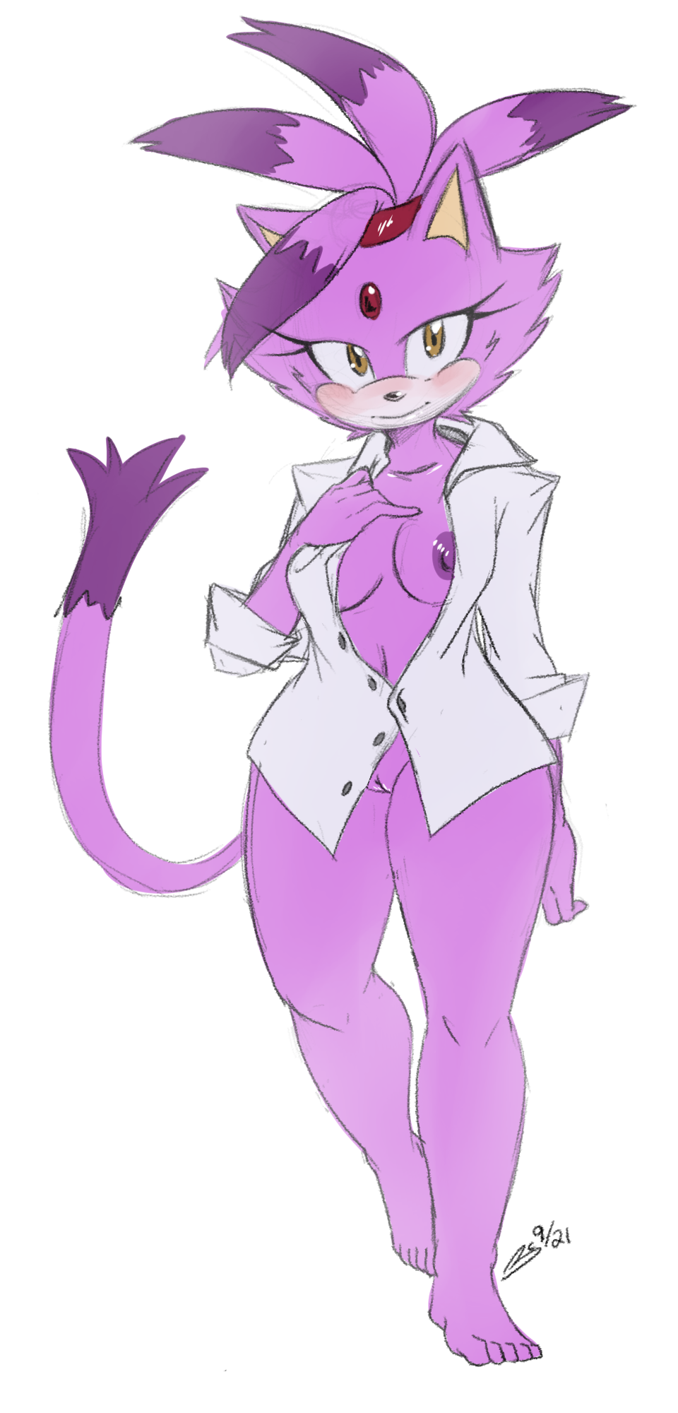 2021 anthro black_nose blaze_the_cat bluechika blush breasts clothed clothing domestic_cat felid feline felis female forehead_gem fur genitals hi_res mammal navel nipples open_clothing open_shirt open_topwear purple_body purple_fur purple_nipples pussy sega shirt simple_background solo sonic_(series) sonic_the_hedgehog_(series) topwear white_background yellow_eyes