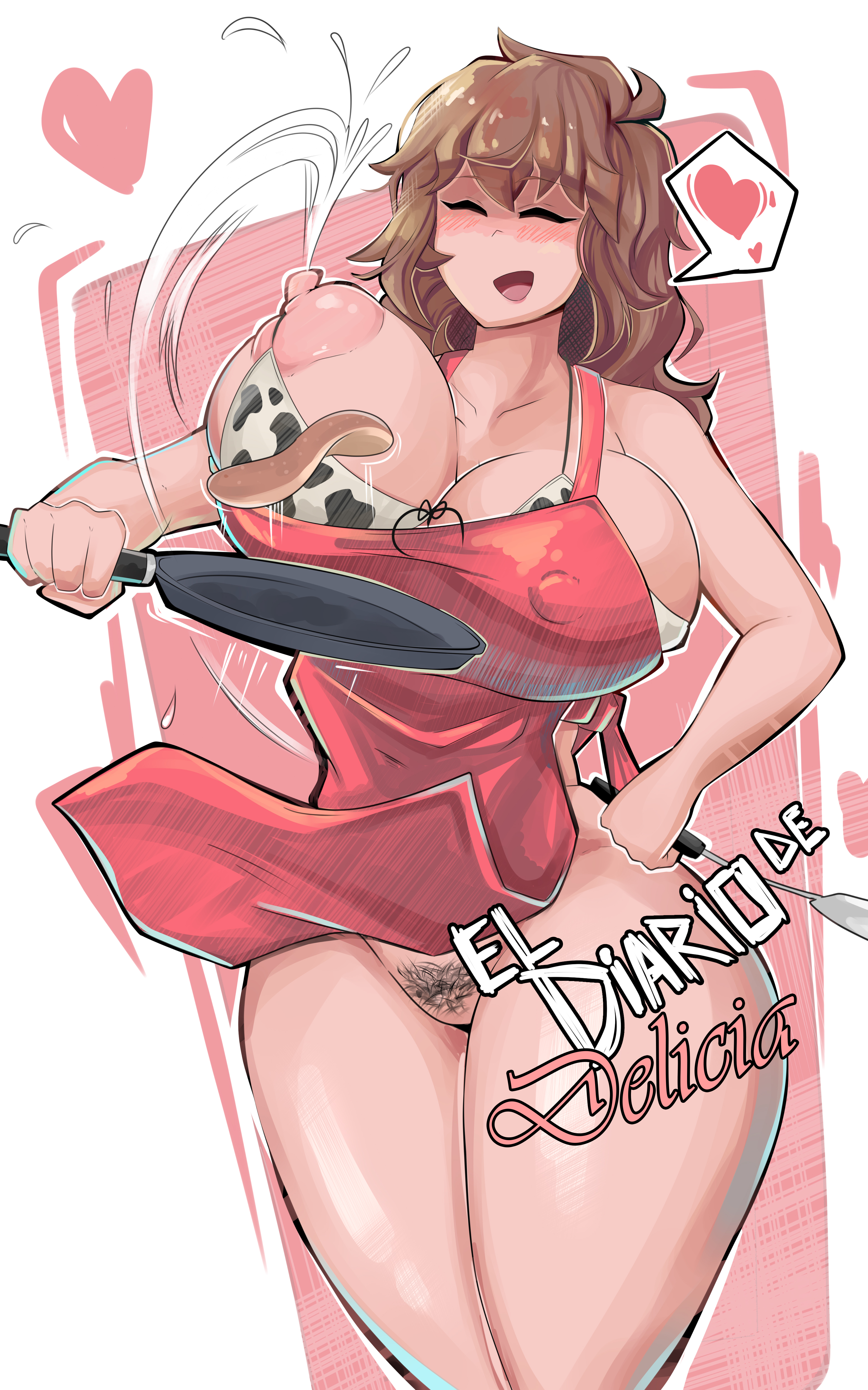 1girls, apron, ass, big ass, big breasts, big butt, big nipples, bra, breasts, brown hair, closed eyes, comic, comic cover, comicomryu, cooking, delicia (comicomryu), female, heart, lactation, long hair, mature female, milf, milk, nipples, no panties, pancake, patreon, patreon reward, pubic hair, pussy, smile, solo