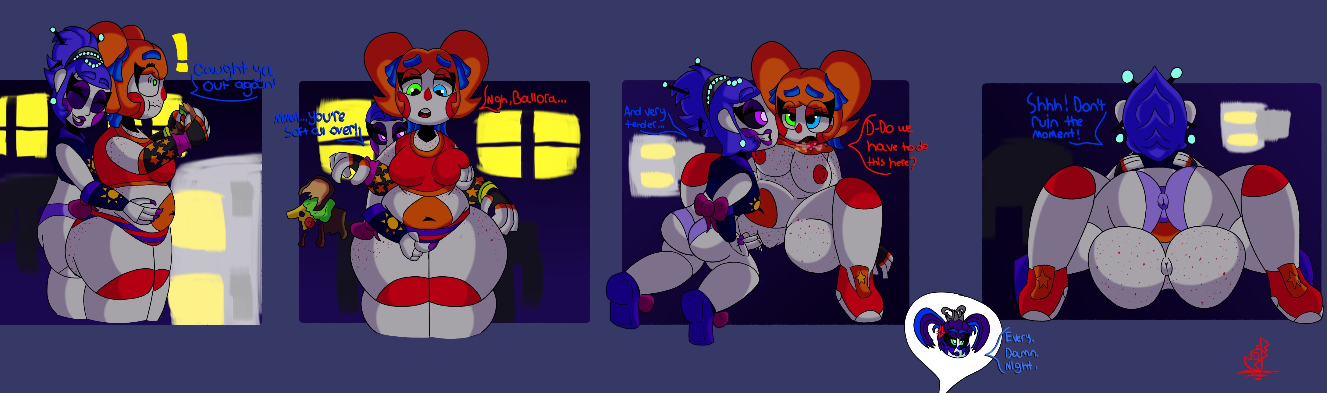 2d, 2d (artwork), ass, baby (fnafsl), ballora, ballora (fnafsl), bbw, big ass, chubby, chubby female, circus baby, circus baby (fnaf), clown, clussy, fat ass, female, female/female, fingering, five nights at freddy's, five nights at freddy's: sister location, fnaf, freckles, freckles on ass, groping, groping from behind, kink-klown, lesbian sex, multicolored eyes, multiple females, multiple girls, purple eyes, robot girl, scottgames, scrap baby, scrap baby (fnaf), self upload, sister location, surprised, taller female, thick ass