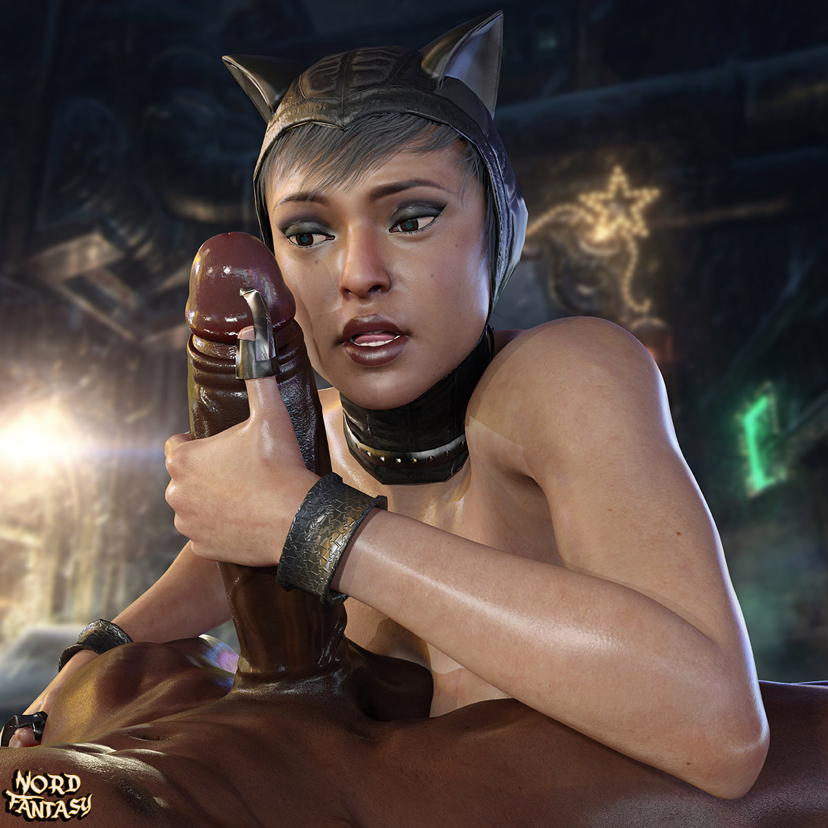 1girls, 3d, 3d (artwork), abs, batman (series), big breasts, big penis, breasts, catwoman, catwoman (injustice), completely naked, completely nude, dark skin, dark-skinned male, dc, dc comics, female, female focus, handjob, injustice 2, interracial, light skin, light-skinned female, male, nordfantasy, nude, nude male, partial male, penis, selina kyle, straight