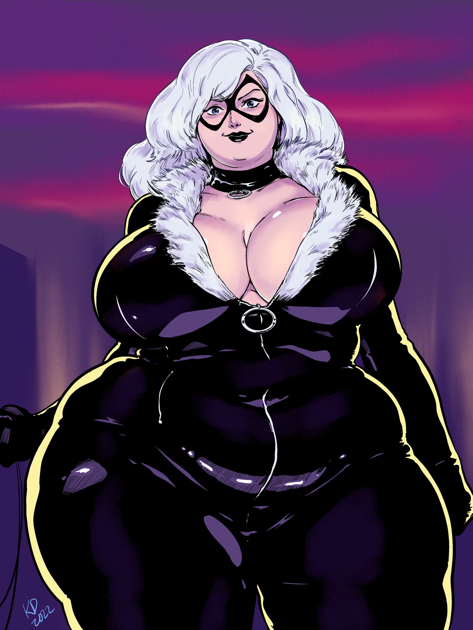 1girls, bbw, big breasts, black cat (marvel), bodysuit, breasts, chubby, cleavage, curvy, fat, felicia hardy, female, huge breasts, kawaiidebu, marvel, marvel comics, overweight, solo female, spider-man (series), thick, thick thighs, thunder thighs, white hair, wide hips