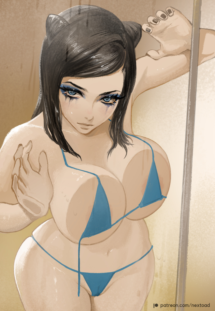 bathroom, bikini, black hair, blue eyes, breast press, breasts, ergo proxy, eyeshadow, female, female only, goth, goth girl, large breasts, light skin, light-skinned female, looking at viewer, pale skin, pale-skinned female, re-l mayer, tagme, thick thighs, voluptuous female
