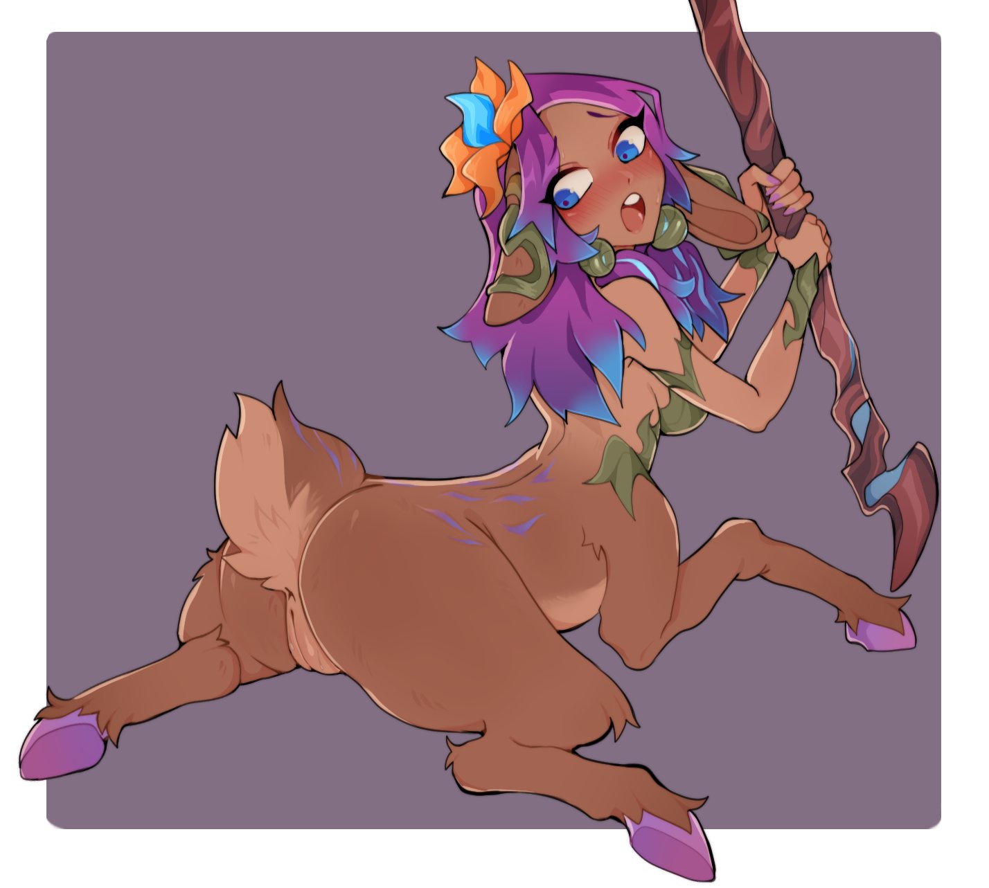 :o, 1girls, anus, blue eyes, blue highlights, blush, brown fur, centaur, cervid, deer, deer ears, deer tail, deer taur, female, female only, flower in hair, fur, hi res, hooves, league of legends, lillia (league of legends), long hair, looking back, on ground, oniiyanna, purple hair, pussy, solo, solo female, staff, taur
