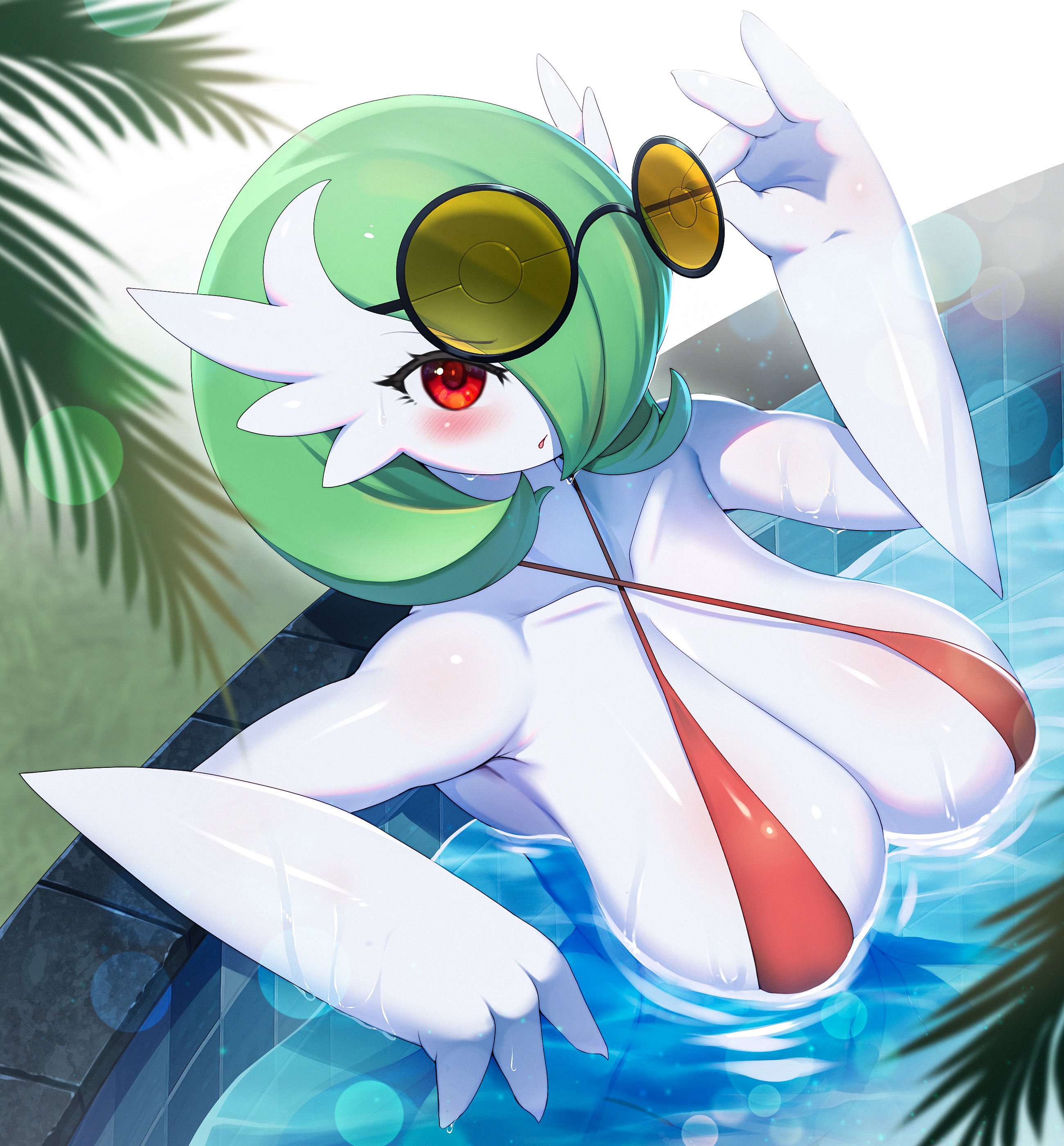 1girls, big breasts, blush, breasts, female, female only, gardevoir, hi res, in water, looking at viewer, nintendo, pokémon (species), pokemon, pokemon (species), pokemorph, pool, poolside, red eyes, sling bikini, solo, solo female, sunglasses, sunglasses on head, whooo-ya