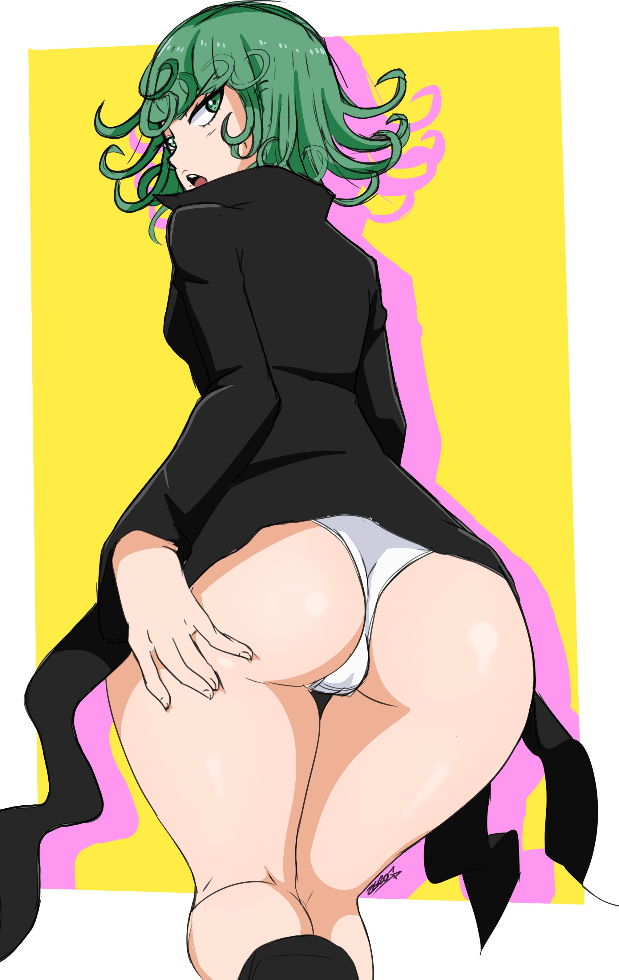 1girls, abstract background, ass, ass focus, back view, big ass, big butt, female, female focus, female only, green eyes, green hair, long hair, looking back, one-punch man, panties, short hair, solo, solo female, tatsumaki, thick thighs, white panties, zeromomentai
