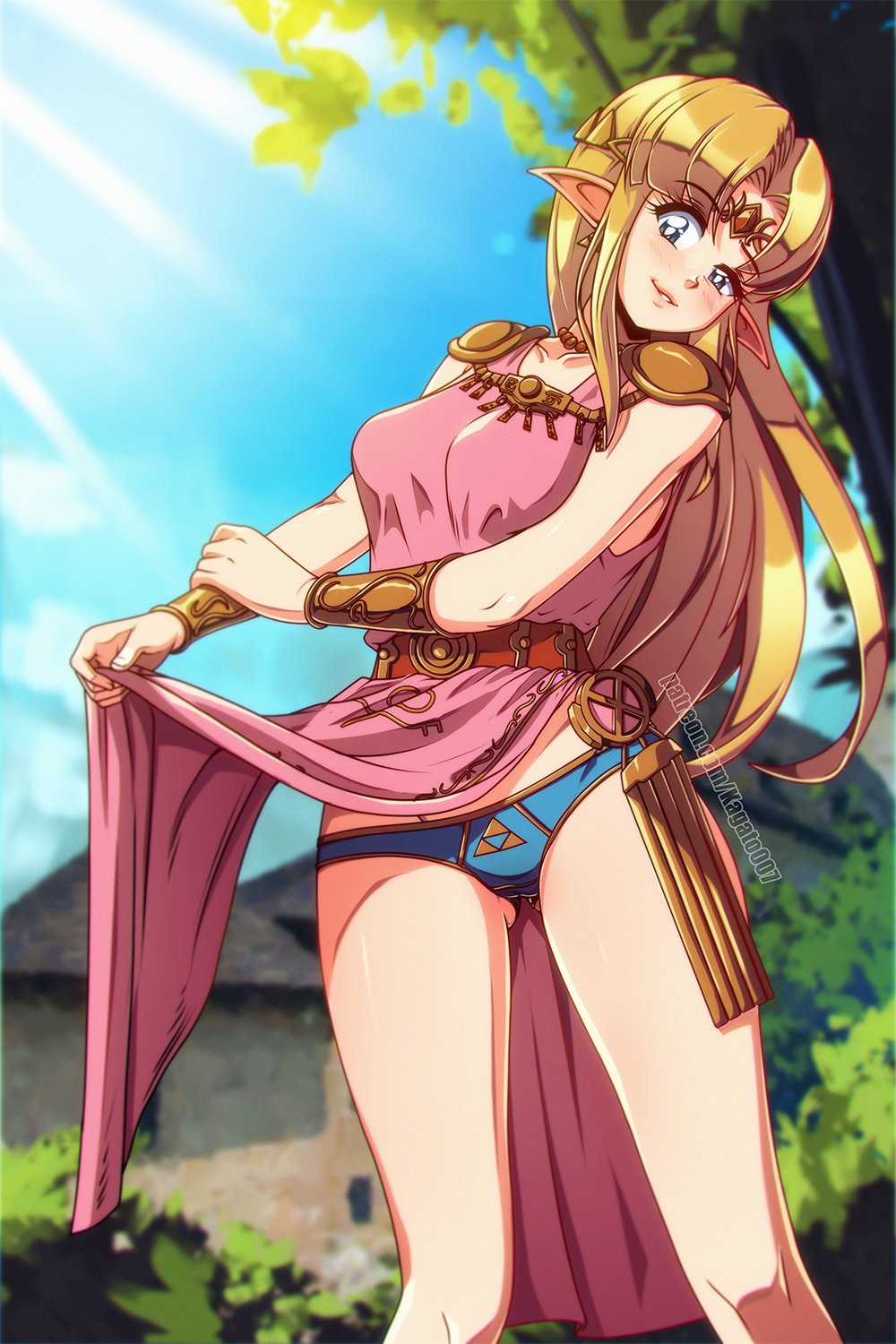 a link between worlds, blonde hair, blue eyes, blue panties, female, kagato007, long hair, panties, pointy ears, princess, princess zelda, royalty, skirt lift, the legend of zelda, zelda (a link between worlds)