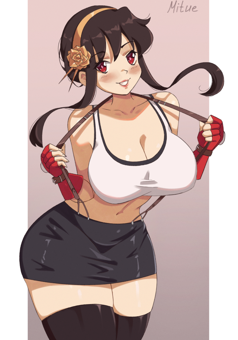 1girls, big breasts, black hair, breasts, cosplay, eye contact, female, female focus, female only, final fantasy, final fantasy vii, fully clothed, hair ornament, hairband, huge breasts, large breasts, legwear, long hair, looking at viewer, midriff, mituee, red eyes, shorts, solo female, spy x family, thick thighs, thighhighs, thighs, tifa lockhart (cosplay), yor briar, yor forger