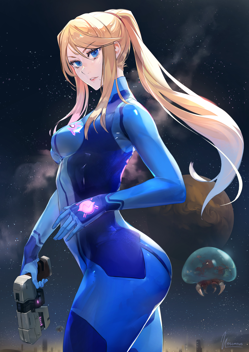 big_ass bodysuit breasts female gun metroid metroid_(creature) samus_aran signature tagme unsomnus zero_suit_samus