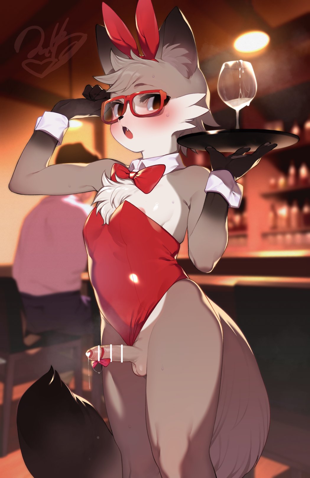 2022 2d 2d_(artwork) anthro balls biped black_body black_fur blush bodily_fluids bow_ribbon bow_tie brown_eyes canid canine censored clothed clothing crossdressing cum_in_a_cup digital_media_(artwork) erection eyewear fake_ears fake_rabbit_ears fox fur furry genitals girly glasses grey_body grey_fur heart_censor hi_res humanoid_genitalia humanoid_penis inside looking_at_viewer male mammal mizo_ne open_mouth penis solo sweat white_body white_fur