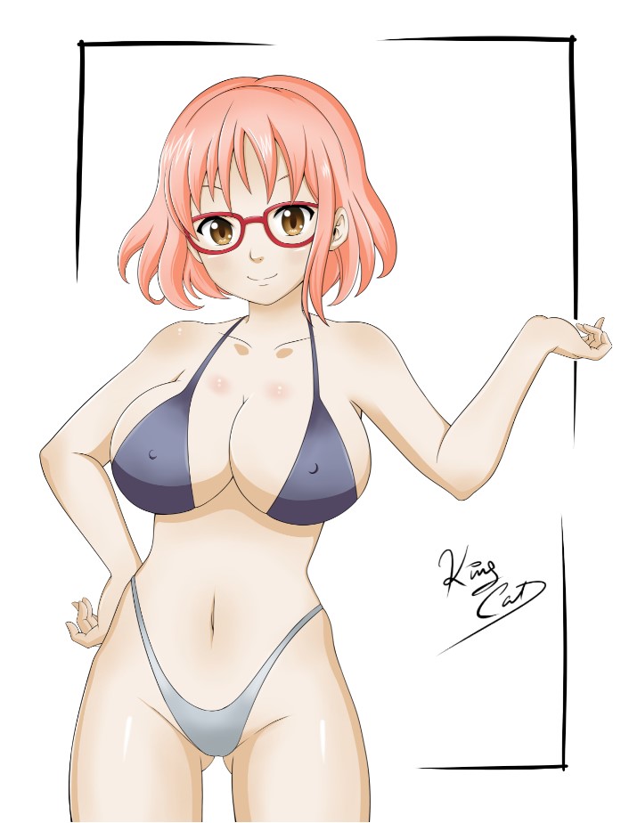 1girls alternate_body_type alternate_breast_size artist_name big_breasts bikini breasts brown_eyes busty cleavage female female_only glasses hand_on_hip kuriyama_mirai kyoukai_no_kanata large_breasts legs looking_at_viewer navel noboru_revista pink_hair short_hair smile solo swimsuit thighs thong_bikini voluptuous