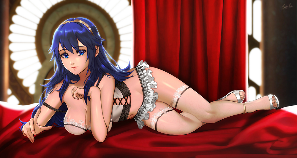 1girls alternate_breast_size alternate_costume artist_name bare_shoulders bed blue_eyes blue_hair bra breasts cleavage commentary_request curtains esther-shen female female_only fire_emblem fire_emblem_awakening frills full_body hairband indoors lace lace-trimmed_bra lace_trim leg_garter lingerie lips long_hair looking_at_viewer lucina_(fire_emblem) lying medium_breasts microskirt midriff navel nintendo on_side photoshop_(medium) sandals signature skirt solo thighs toes underwear white_footwear