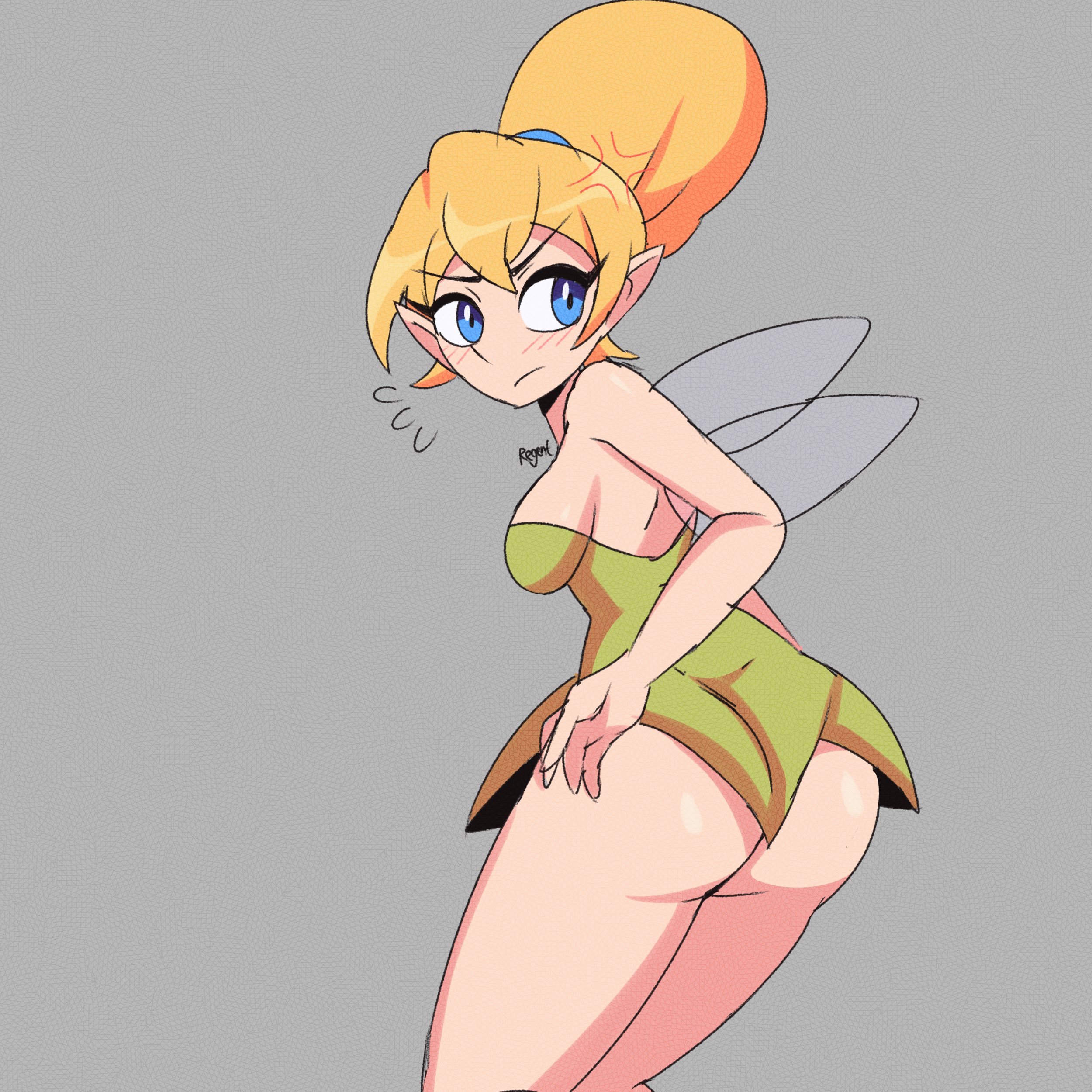 ass, big ass, big butt, blonde hair, blue eyes, blush, breasts, disney, dress, embarrassed, fairy, female, green dress, hair bun, looking back, peter pan (disney), regentb01, sideboob, thick thighs, tinker bell, wings