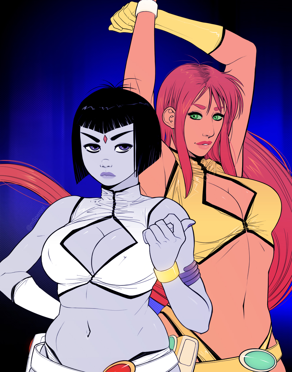 armpits belly black_hair bob_cut cleavage cleavage_cutout cosplay crossover crossover_cosplay dc dc_comics dirty_pair duplicate forehead_jewel kei_(dirty_pair) kei_(dirty_pair)_(cosplay) koriand'r kory_anders large_breasts long_hair medium_hair one_glove rachel_roth raven_(dc) red_hair starfire tamaranean teen_titans teen_titans_go triplexmile yuri_(dirty_pair) yuri_(dirty_pair)_(cosplay)