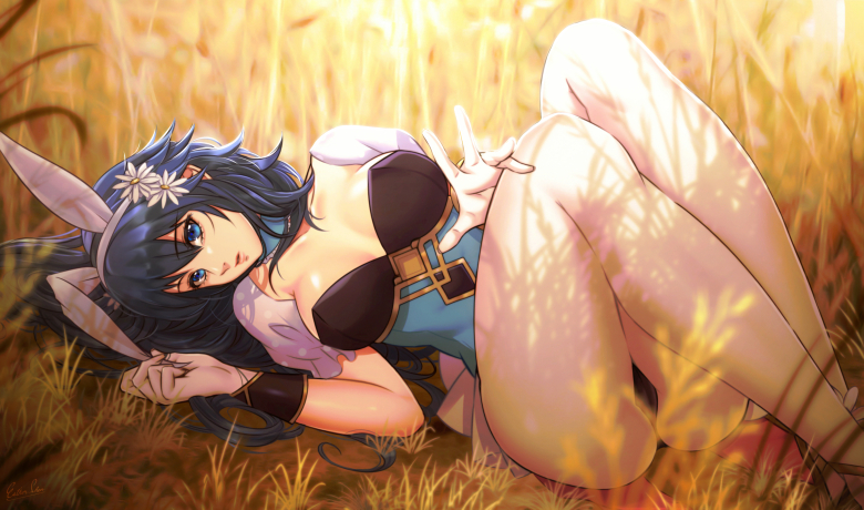 1girls alternate_costume animal_ears ass bangs big_ass blue_eyes blue_hair breasts bunny_ears bunny_girl bunnysuit commentary easter english_commentary esther-shen female female_only fire_emblem fire_emblem_awakening fire_emblem_heroes flower grass hair_flower hair_ornament head_tilt knees_up legs_together long_hair looking_at_viewer lucina_(fire_emblem) lucina_(spring)_(fire_emblem) lying medium_breasts nintendo official_alternate_costume on_back outdoors outstretched_hand pantyhose parted_lips playboy_bunny puffy_sleeves rabbit_ears shade solo sunlight tall_grass thighs