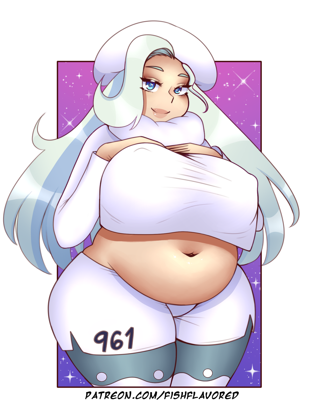 1girls, 2020, artist name, belly, belly overhang, big belly, big breasts, blue eyes, blue hair, breasts, chubby, chubby female, clothed, clothing, cropped legs, erect nipples, eyelashes, female, female focus, female only, fishflavored, gradient background, headgear, headwear, light skin, light-skinned female, long hair, looking at viewer, melony (pokemon), nipple bulge, nipples, patreon username, plump, png, pokemon, pokemon ss, portrait, short shorts, shorts, smile, smiling, smiling at viewer, solo, solo female, solo focus, standing, thick thighs, thighhighs, topwear, transparent background, two-tone hair, white hair, wide hips