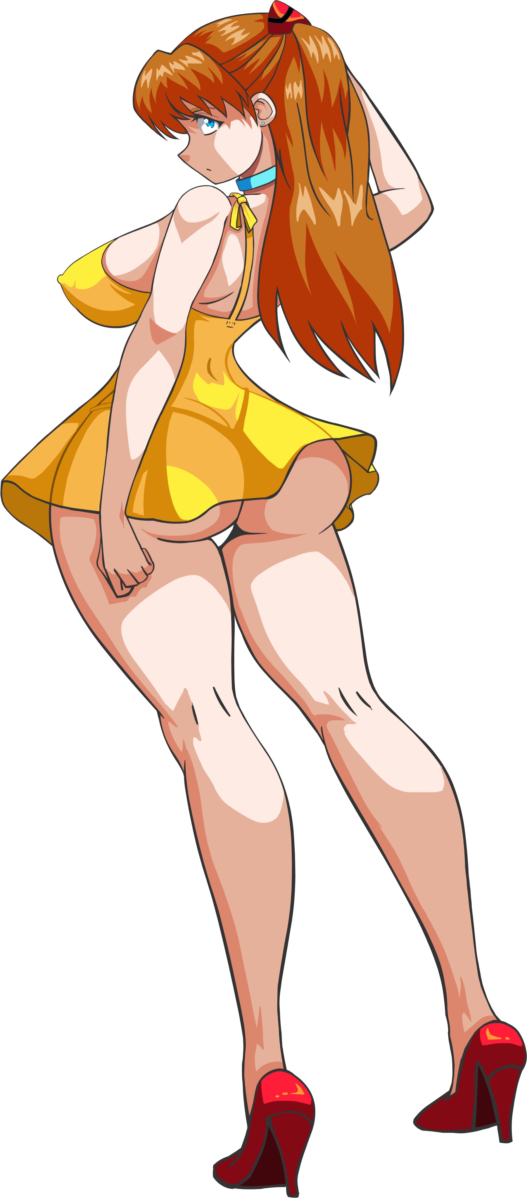 1girls, alcione, ass, asuka langley sohryu, bare shoulders, big ass, big breasts, big butt, blue eyes, breasts, clothed, clothes, clothing, dress, erect nipples, erect nipples under clothes, female, female only, high heels, hips, huge ass, huge butt, human, human only, humanoid, large ass, large breasts, large butt, long hair, minidress, neon genesis evangelion, nipples, orange hair, panties, sleeveless, sleeveless dress, solo, solo female, standing, sundress, thick, thick ass, thick thighs, thighs, white background, wide hips, yellow dress