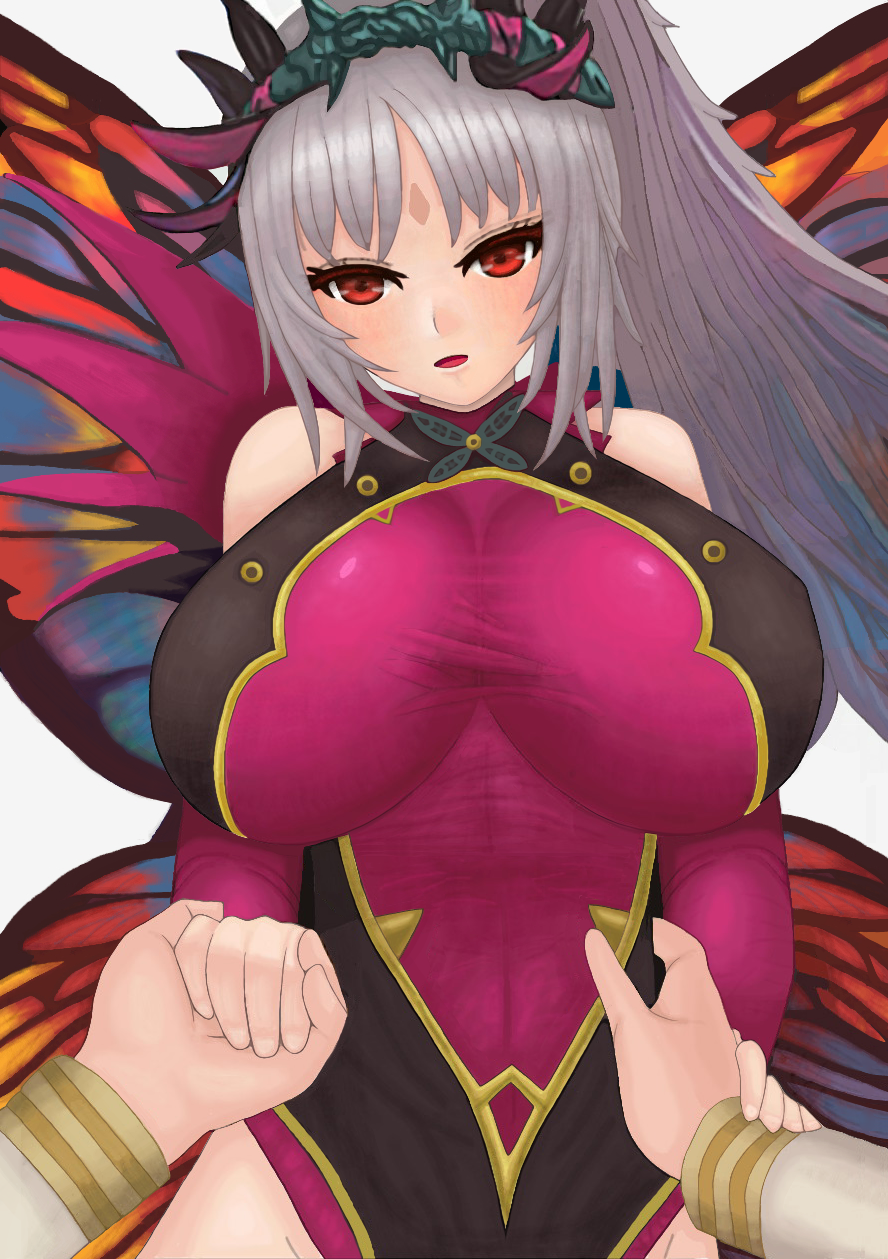 1girls alternate_version_available bare_thighs breasts fairy fairy_wings female female_focus fire_emblem fire_emblem_heroes grey_hair holding_hands huge_breasts kiran_(fire_emblem) long_hair nintendo plumeria_(fire_emblem) ponytail pov red_eyes roaamuje solo_focus thighs very_long_hair wings