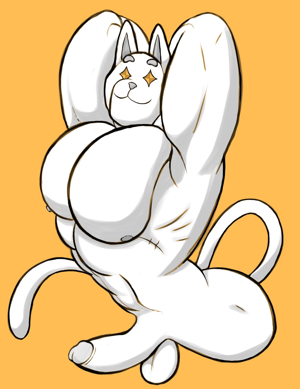 anthro balls big_breasts breasts epic_games erection felid feline fortnite fur genitals ghost_meowscles hi_res long_tail male male/male mammal meowscles_(fortnite) penis ryanburr smile solo video_games white_body white_fur