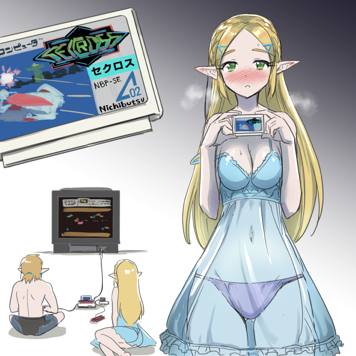 1boy1girl blonde_female blonde_hair blue_negligee blush breasts breath_of_the_wild cartridge clothing crt electronics famicom female game_cartridge game_console game_controller green_eyes hairclip humanoid hylian japanese_text lingerie link link_(breath_of_the_wild) long_hair male medium_breasts monbetsu_kuniharu negligee nintendo pale_skin panties pink_panties playing_videogame princess_zelda the_legend_of_zelda underwear watching zelda_(breath_of_the_wild)