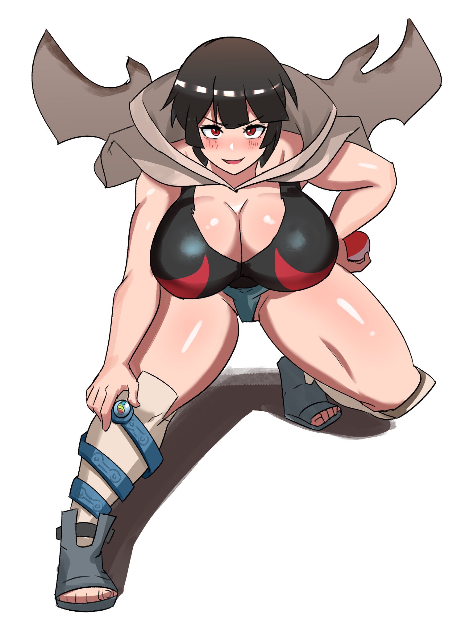 1girls, blush, female, female only, jean shorts, looking at viewer, naughty face, nintendo, pokemon, pokemon trainer, solo, white background, ytrall, zinnia (pokemon)