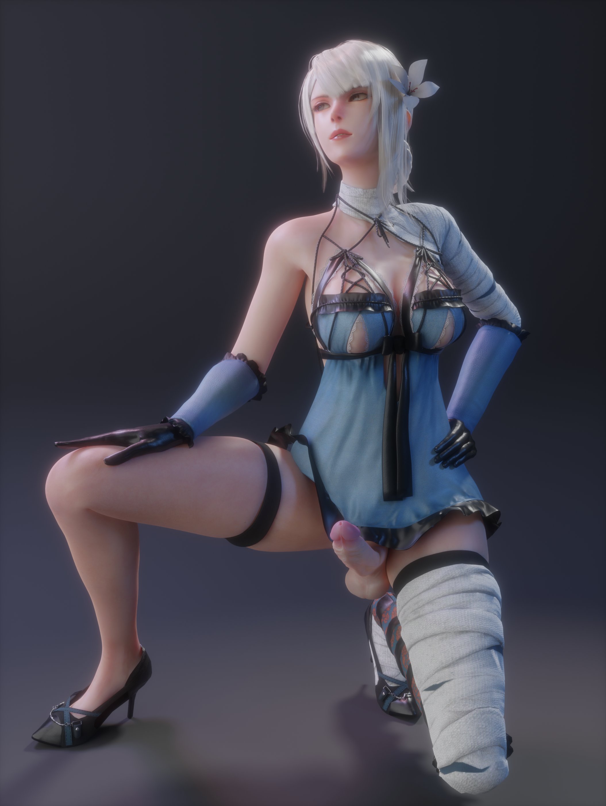 1futa, 3d, balls, big breasts, bottomless, breasts, canon futa, canon intersex, casual, clothing, dickgirl, erect penis, erection, futa only, futanari, intersex, kaine (nier), koyz3d, light skin, light-skinned futa, nier, nier replicant, pale skin, penis, solo, solo futa, testicles, white hair