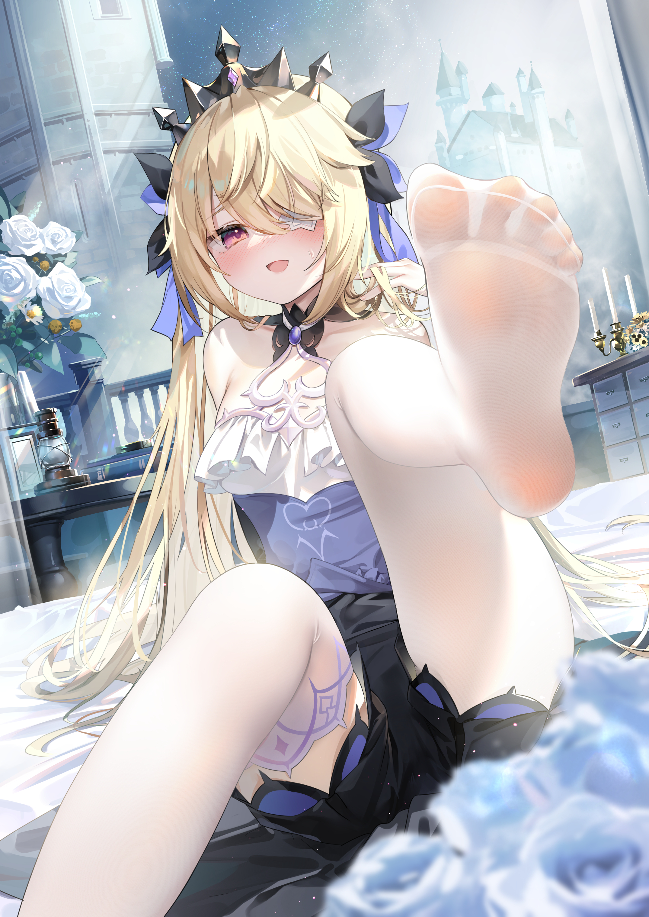 1girls, bed, blonde female, blonde hair, blush, breasts, chen bin, crown, eyepatch, feet, feet up, female, female only, fischl (ein immernachtstraum) (genshin impact), fischl (genshin impact), flower, foot focus, genshin impact, hi res, long hair, looking at viewer, pantyhose, pov feet, princess, red eyes, small breasts, smile, soles, spread legs, toes, white legwear