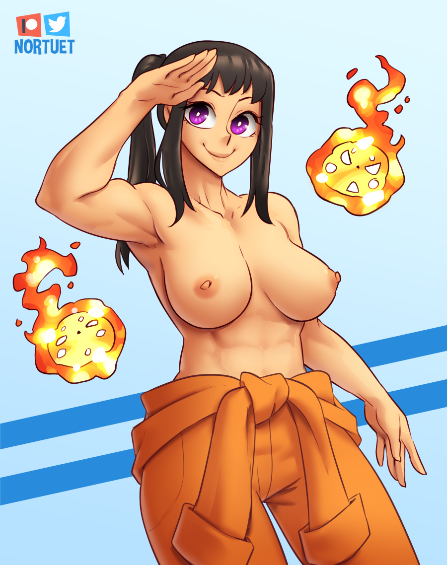 1girls big_breasts black_hair blue_background breasts cleavage enen_no_shouboutai female_focus female_only fire_force hi_res long_hair looking_at_viewer muscular muscular_female nortuet oze_maki partially_clothed ponytail pose purple_eyes simple_background smile solo watermark