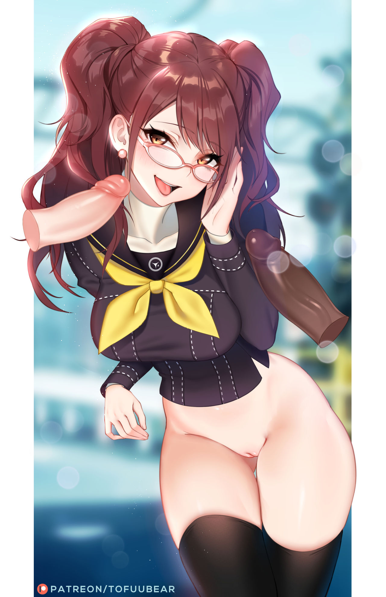 2boys, black penis, breasts, brown hair, female, glasses, kujikawa rise, large breasts, male, patreon, penis, persona, persona 4, tagme, thick thighs, thigh gap, thighhighs, tofuubear