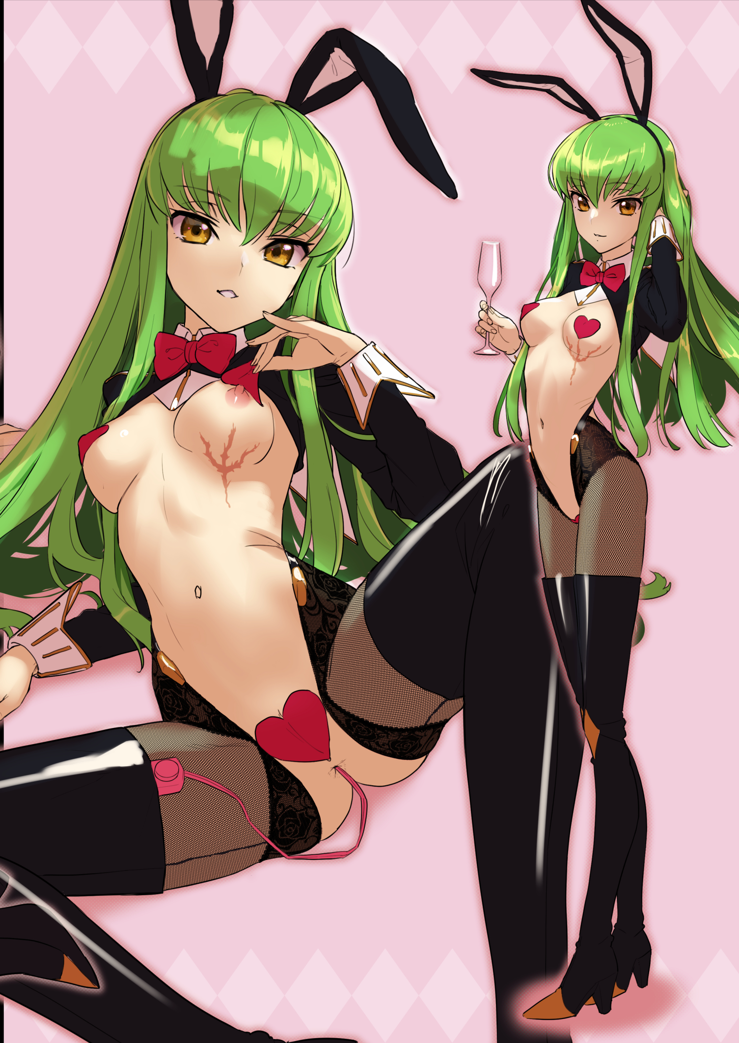 1girls, anal insertion, breasts, bunny ears, bunny girl, c.c., code geass, female, fishnet legwear, green eyes, high heel boots, high heels, kawakami rokkaku, long hair, looking at viewer, maebari, multiple persona, nipples, pasties, reverse bunnysuit, scar, sex toy, solo, spread legs, thigh boots, thighhighs, vibrator in ass, wip, yellow eyes