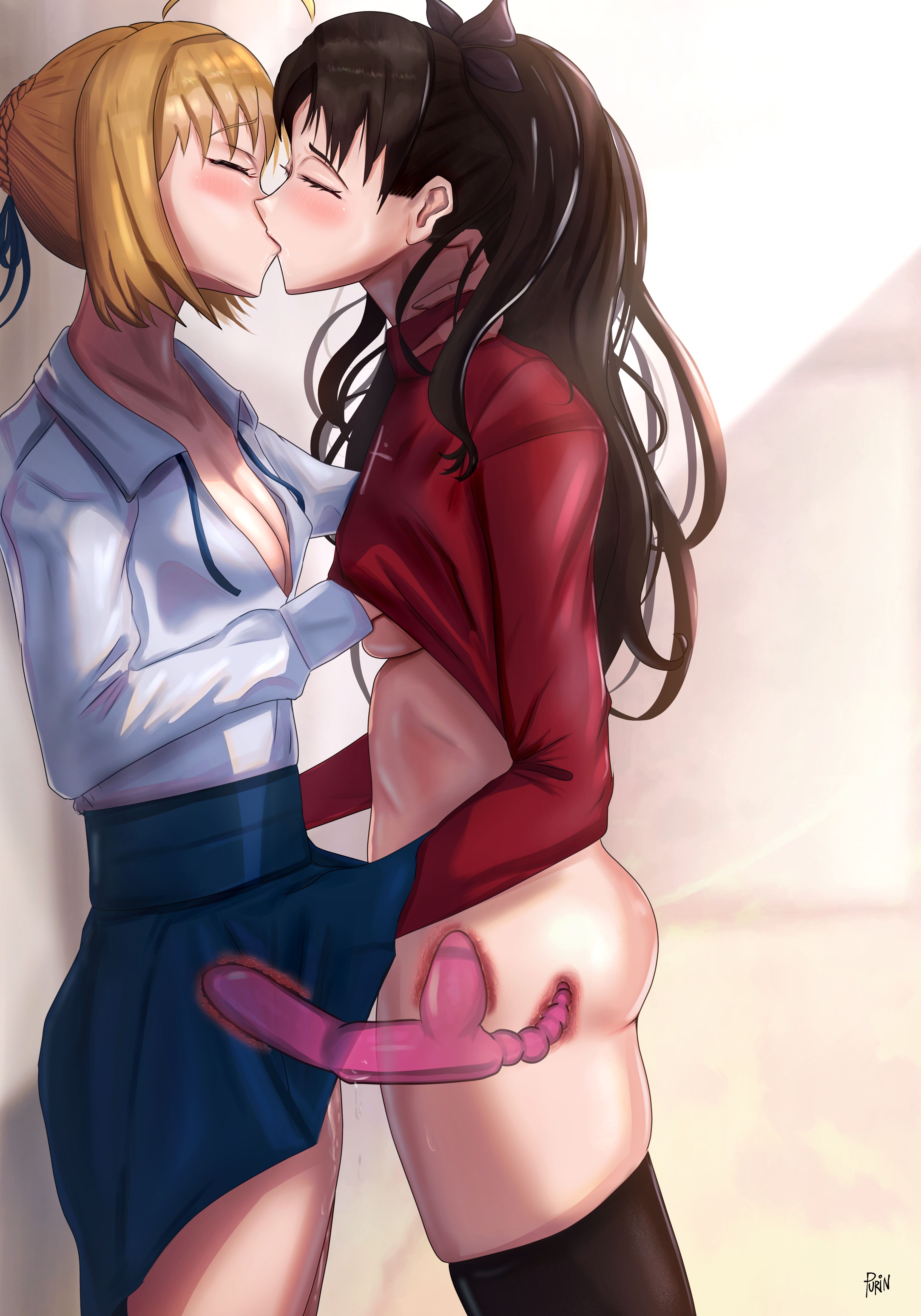 2girls, anal, anus, artoria pendragon, ass, black legwear, blonde female, blonde hair, blouse, breast grab, breasts, cleavage, closed eyes, dildo, double dildo, fate (series), fate/stay night, female, female only, internal view, kissing, lingerie, long hair, medium breasts, multiple females, multiple girls, purinnrin, pussy, pussy juice, saber, sex toy, shirt, skirt, stockings, thighhighs, tohsaka rin, twintails, vaginal object insertion, vibrator, x-ray, yuri