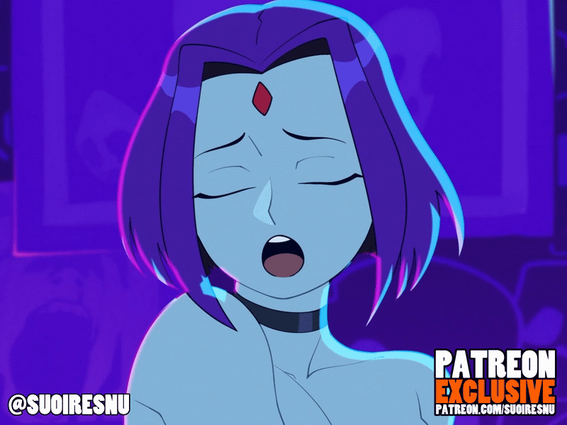 1girls, animated, bare shoulders, black choker, blue skin, closed eyes, completely nude, dc, dc comics, female, forehead jewel, grey skin, nude, open mouth, purple hair, rachel roth, raven (dc), sex, short hair, suoiresnu, teen titans, uncensored