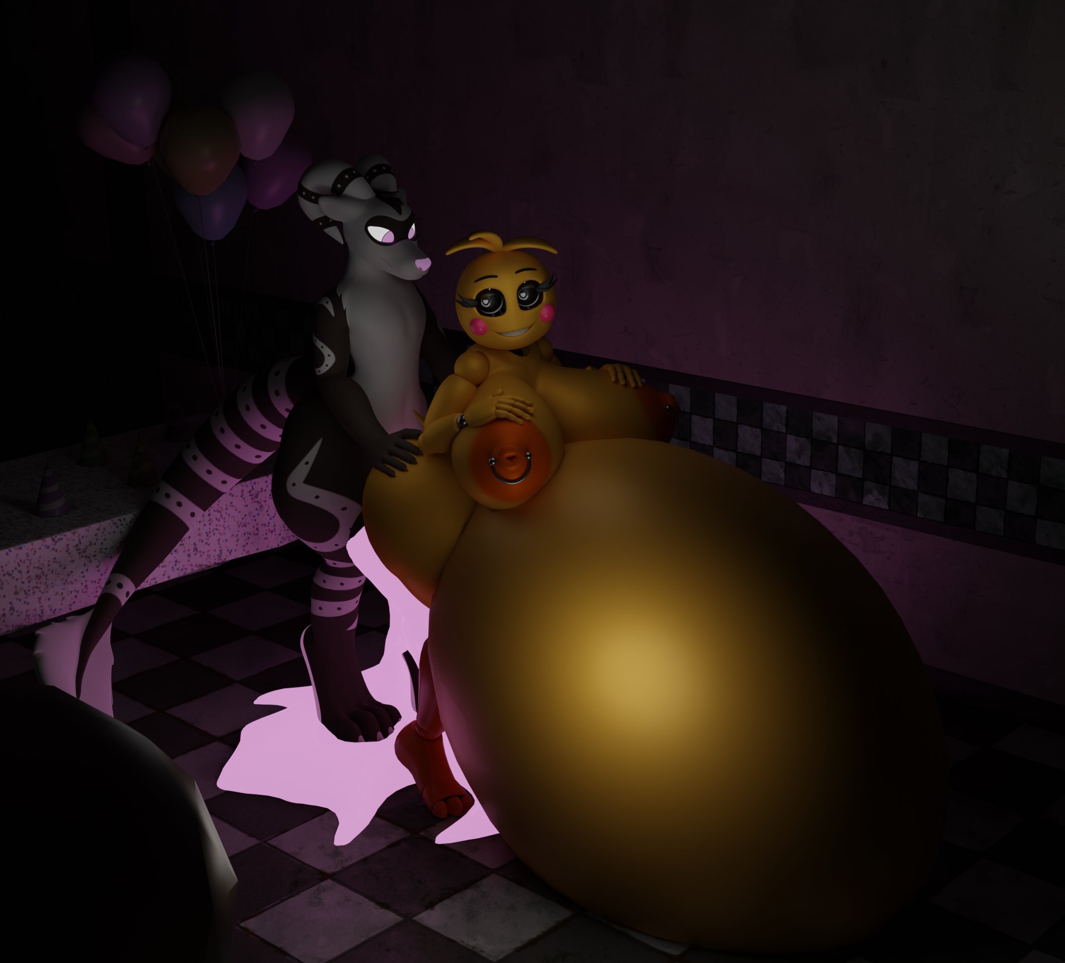 3d, anthro, big belly, big breasts, breasts, casual, casual nudity, cum, cum puddle, cumflated belly, cumflation, deep penetration, female, feversfm, five nights at freddy's, furry, hyper cumflation, hyper penetration, impossible fit, inflation, nipple piercing, nipples, penetration, piercing, public, public nudity, robot, robot girl, sex, straight, tagme, toy chica (fnaf), toy chica (love taste)