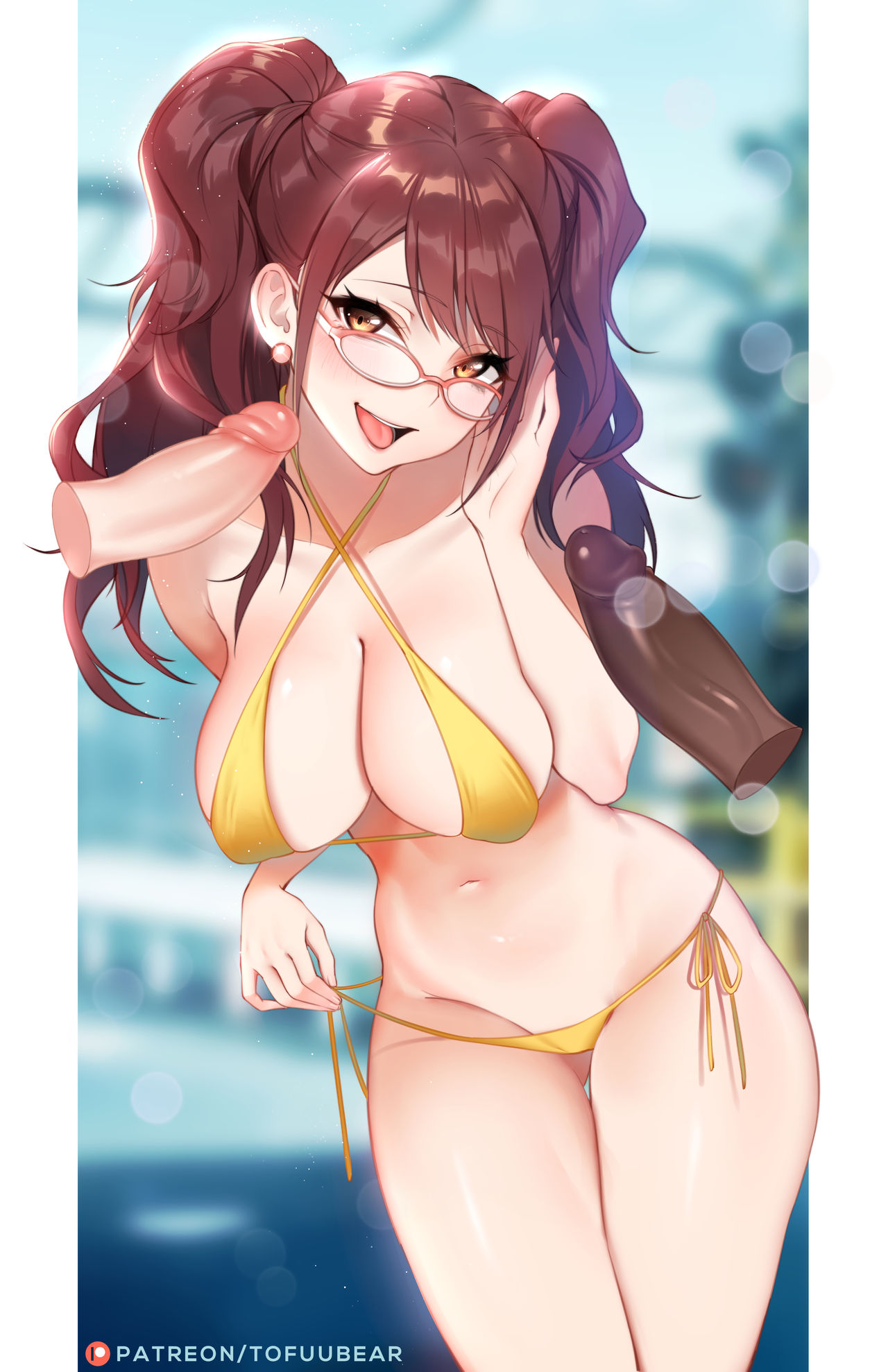 1girls, 2boys, atlus, bikini, black penis, breasts, brown hair, dark skin, dark-skinned male, female, glasses, interracial, kujikawa rise, large breasts, male, megami tensei, patreon, penis, persona, persona 4, tagme, thick thighs, thigh gap, tofuubear