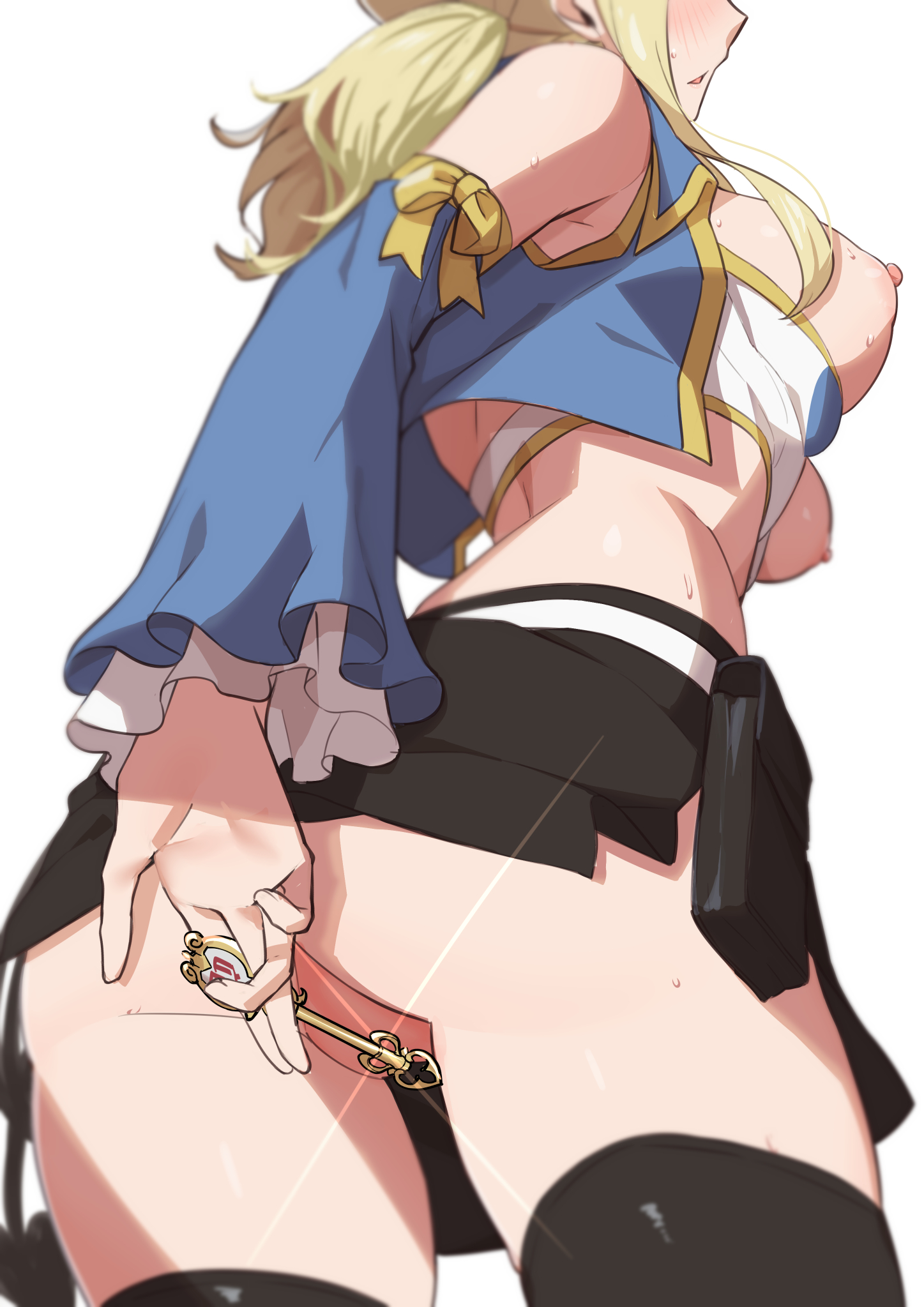 1girls, ass, blonde hair, blonde-haired female, breasts, convenient censoring, exposed breasts, eyes out of frame, facing away, fairy tail, female, key, lucy heartfilia, morisobo, nipples, no panties, skirt, solo, tagme, thighhighs, upskirt