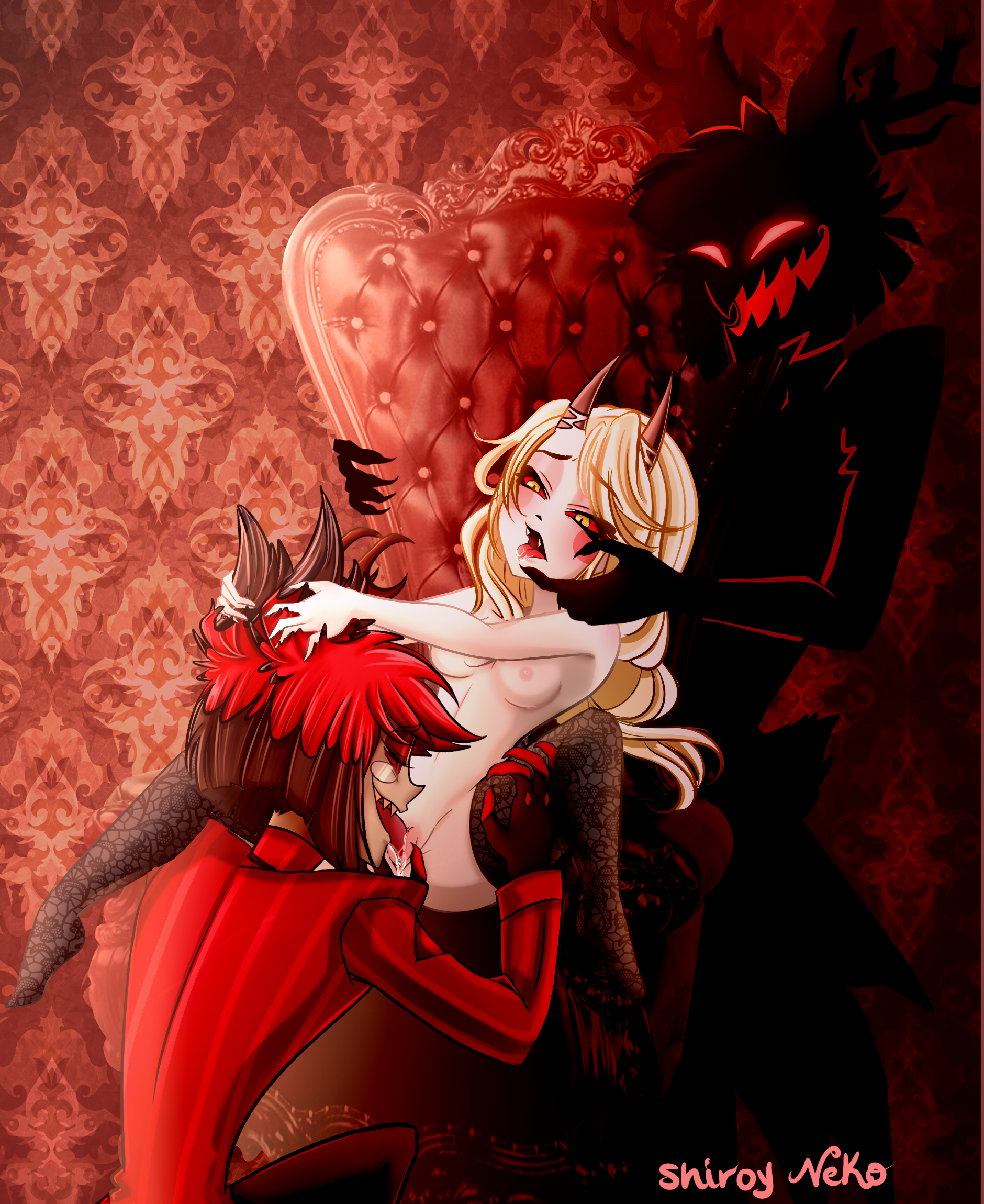 alastor (hazbin hotel), breasts, charlie morningstar (hazbin hotel), demon, demon girl, female, hand on head, hazbin hotel, licking pussy, male, male/female, pantyhose, pussy, shiroy neko, small breasts, straight, straight hair