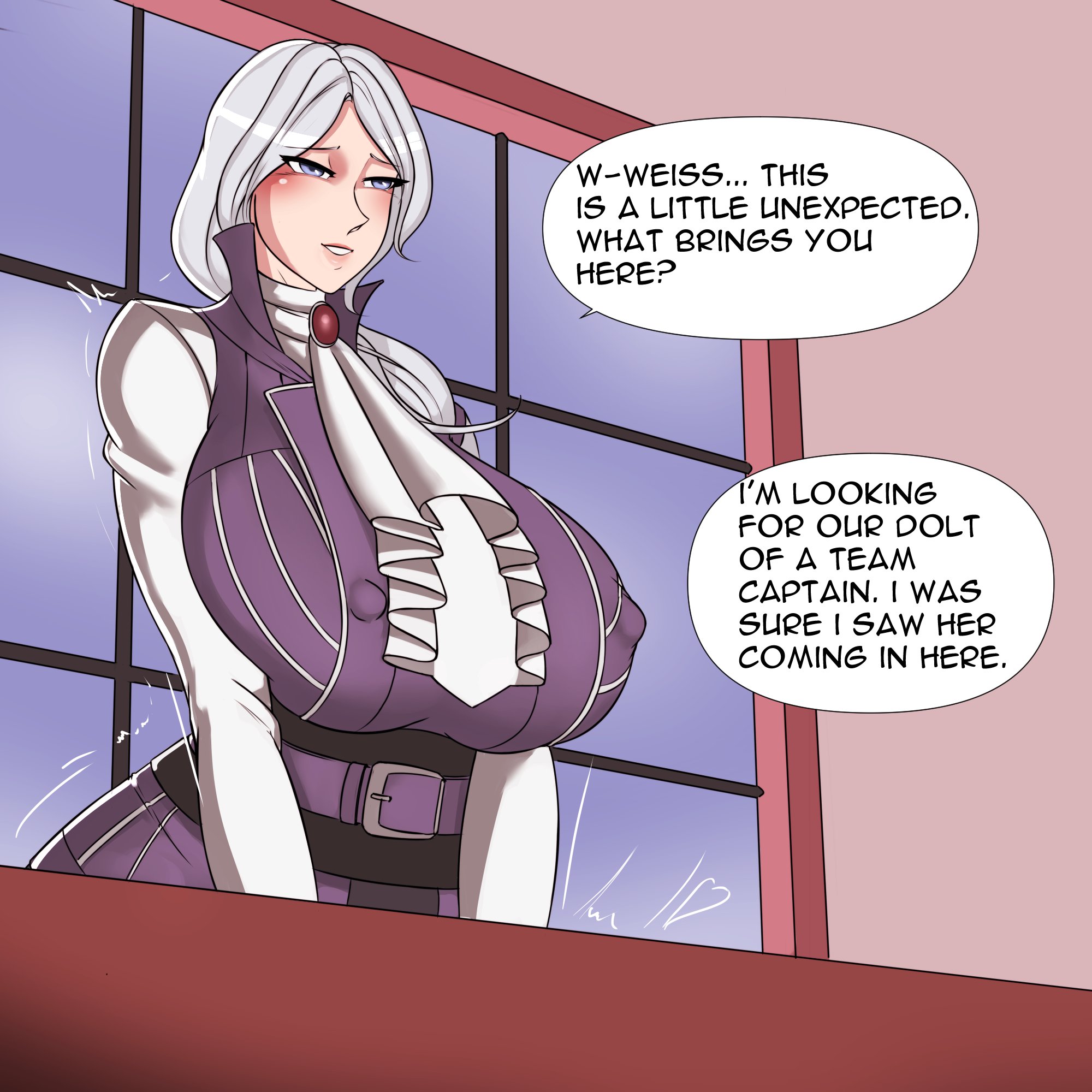 1girls, behind desk, blue eyes, blush, breasts, clothed, clothing, desk, dialogue, english text, female, female focus, female only, fully clothed, huge breasts, human, lesbian, lesbian sex, lesbians, light skin, light-skinned female, looking at another, looking pleasured, mature female, milf, mother, mother and daughter, rooster teeth, ruby rose, rwby, smiling samurai, solo focus, speech bubble, text, thick thighs, wide hips, willow schnee, yuri