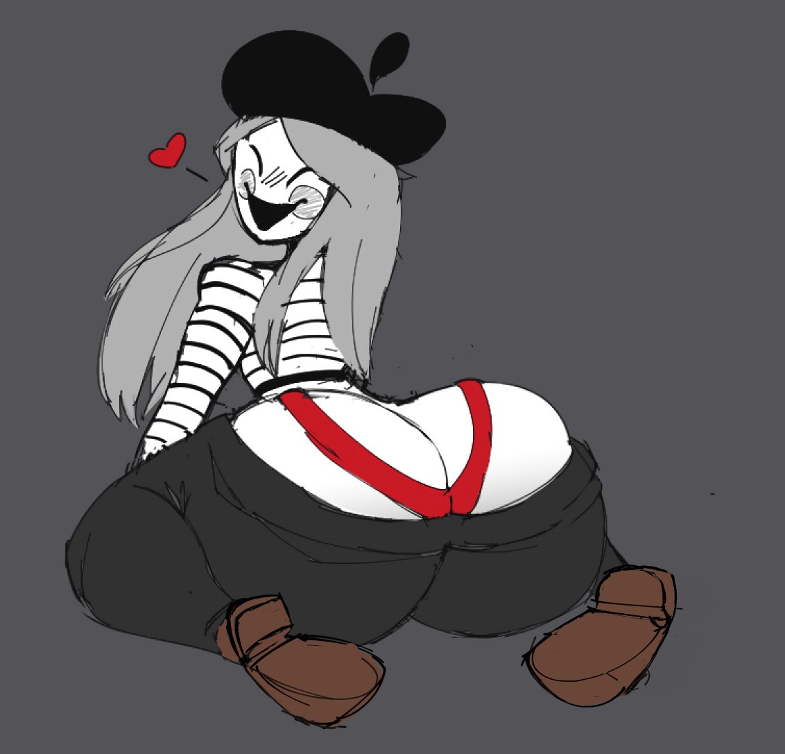 1girls 2021 ass back_view beret big_ass blush_stickers bottom_heavy bottomwear closed_eyes creepy_smile female female_focus grey_background grey_hair heart looking_at_viewer looking_back mime pale-skinned_female rear_view red_thong sewerseraph shoes smile solo solo_focus striped_clothing striped_shirt thong topwear underwear vivienne_the_mime