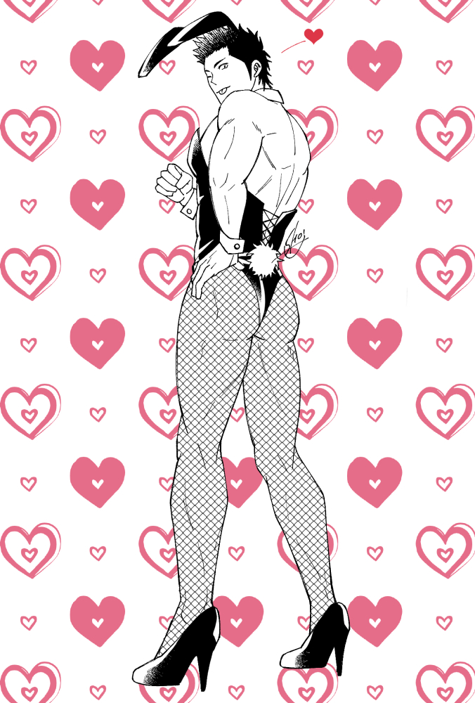 alternate_costume back_muscles bara bunny_ears bunny_tail bunnysuit crossdressing fishnets full_body gintama hand_on_hip high_heels kondou_isao looking_at_viewer looking_back male male_only male_playboy_bunny monochrome muscular muscular_male rear_view shocacao72 solo standing tongue_out wink