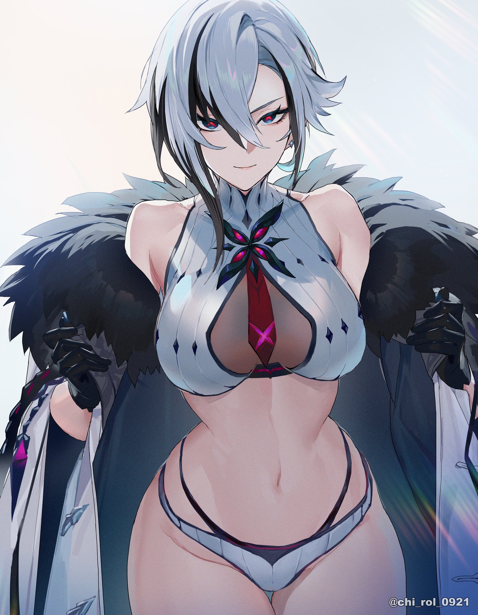 1girls, arlecchino (genshin impact), bare shoulders, blue eyes, breasts, chi-rol, female, genshin impact, gloves, hi res, highleg panties, hourglass figure, large breasts, looking at viewer, midriff, navel, short hair, short shorts, shorts, smile, thick thighs, thigh gap, wide hips