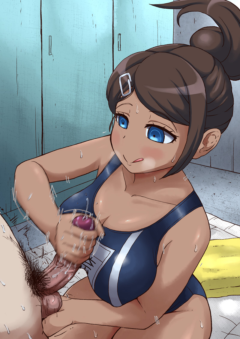 1boy 1girls alternate_version_available asahina_aoi clothed_female_nude_male danganronpa danganronpa:_trigger_happy_havoc danganronpa_1 handjob holding_testicles leonardo_16sei one-piece_swimsuit penis smooth_skin swimsuit tanned tanned_female tanned_skin testicle_grab testicles