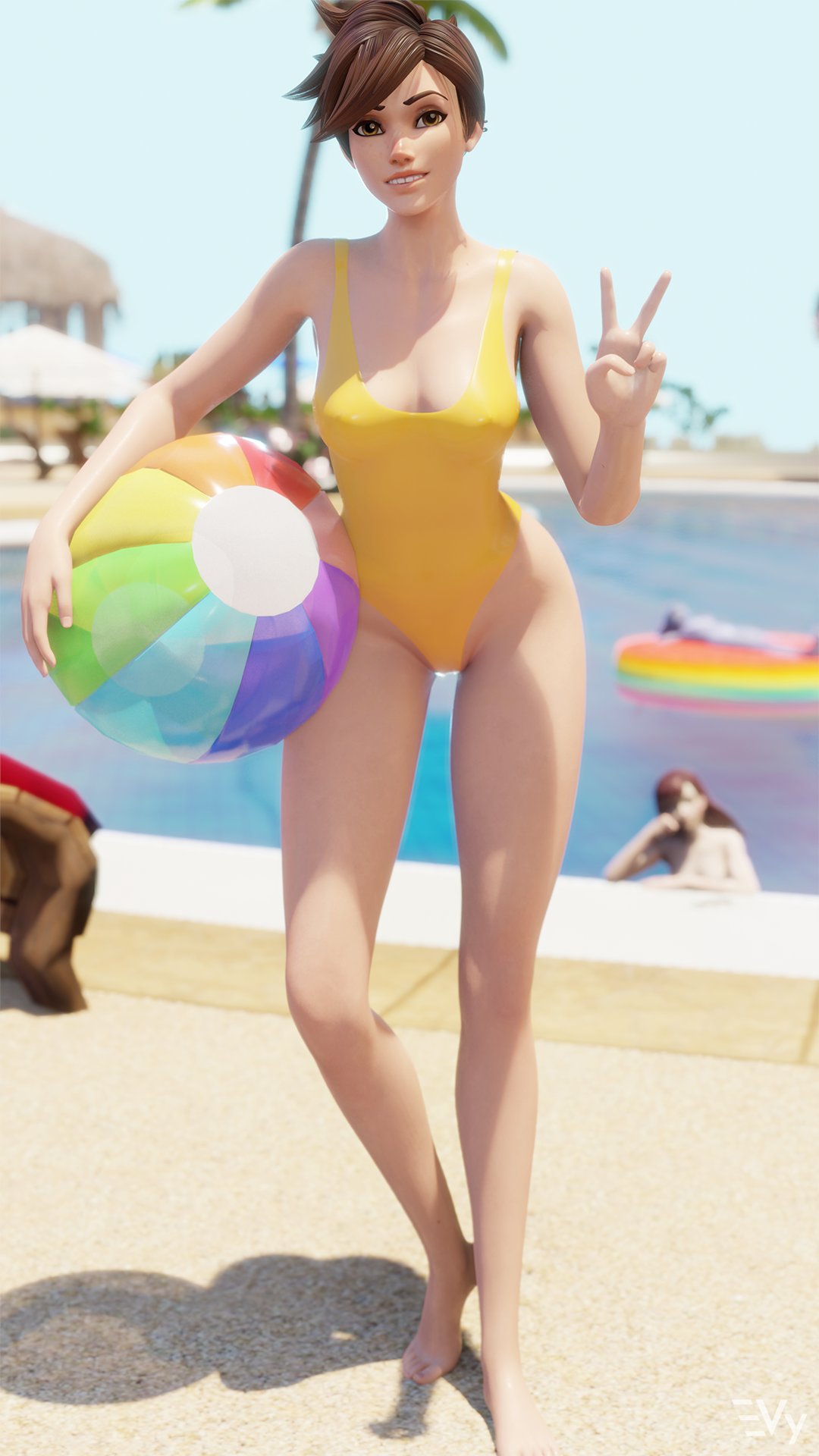 1girls, 3d, beach ball, blender, blizzard entertainment, female, looking at viewer, nipple bulge, one-piece swimsuit, overwatch, peace sign, smile, smiling, swimsuit, tagme, tracer, vulpeculy