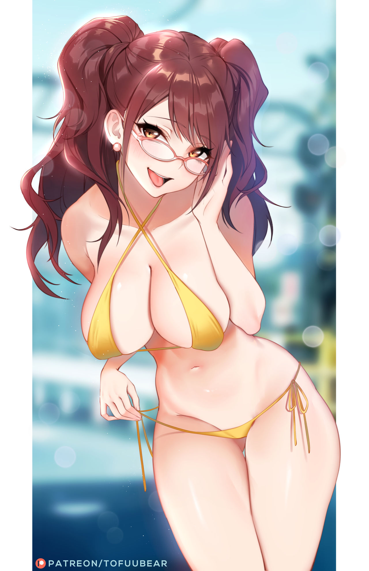 bikini, breasts, brown hair, female, glasses, kujikawa rise, large breasts, patreon, persona, persona 4, tagme, thick thighs, thigh gap, tofuubear