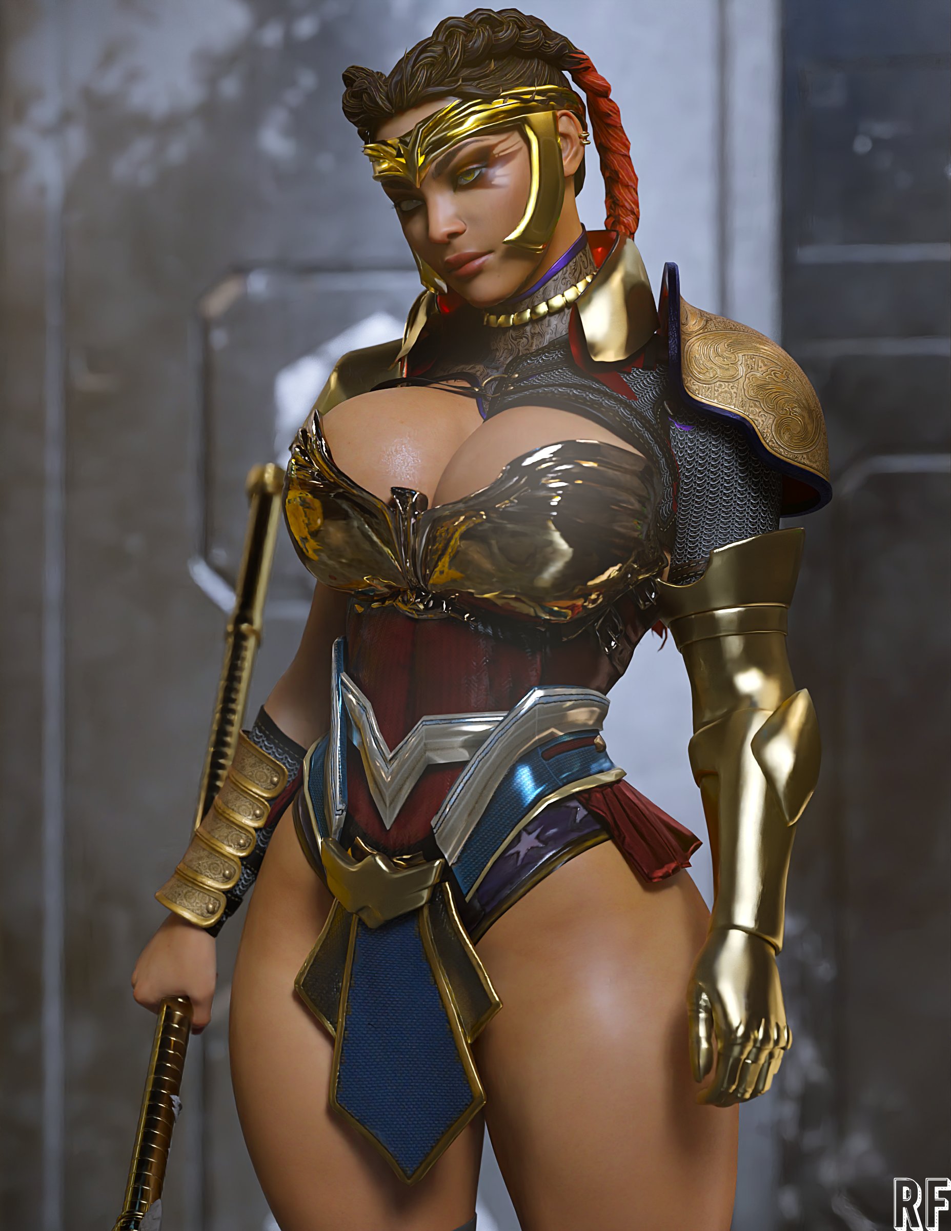 1girls, 3d, absurd res, apex legends, armor, big breasts, bikini armor, breasts, busty, cleavage, crossover, crossover cosplay, dark skin, dark-skinned female, female, female only, hi res, large breasts, loba (apex legends), olive skin, rude frog, solo, thick, thick thighs, thighs, voluptuous, wide hips, wonder woman (cosplay)
