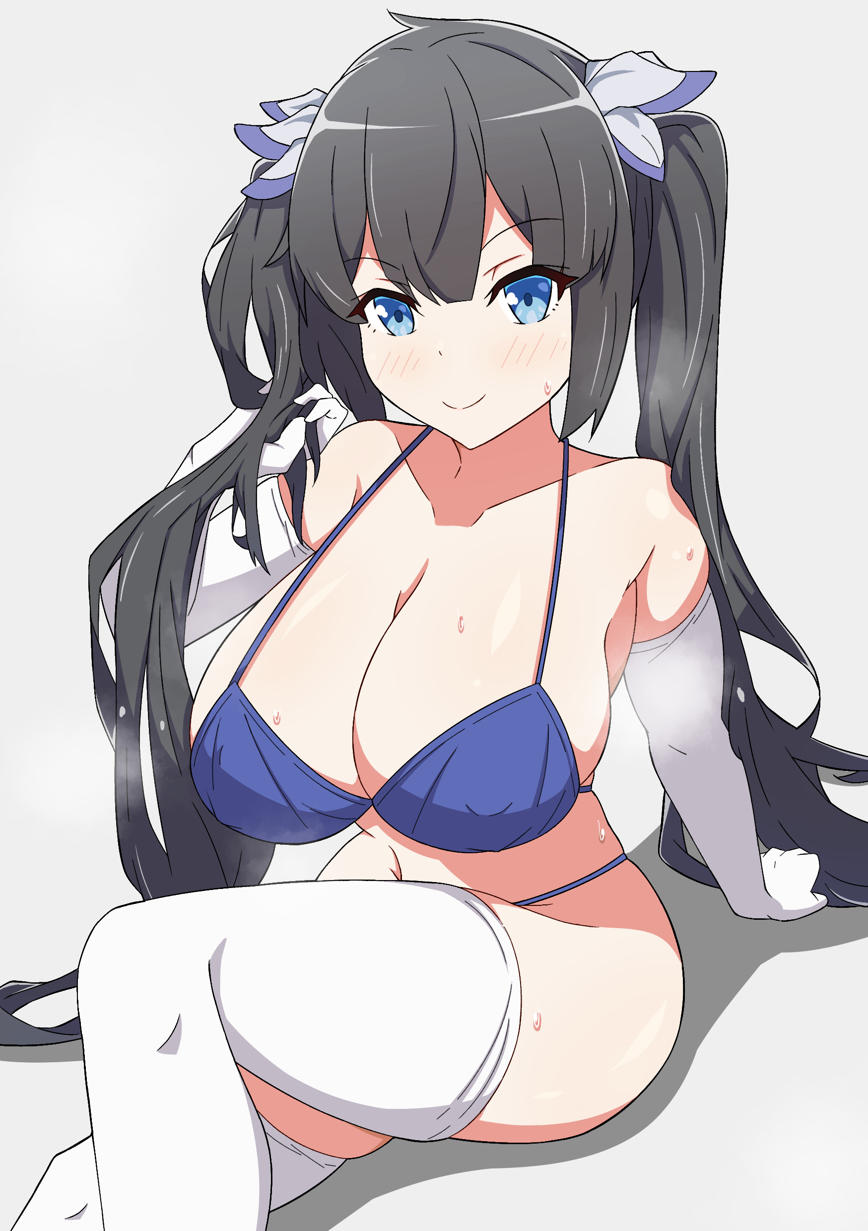 1girls, ayuni303, big breasts, black hair, blue eyes, bra, breasts, dungeon ni deai wo motomeru no wa machigatteiru darou ka, female, female only, hestia (danmachi), smile, solo, tagme, thighhighs, twintails, undressing