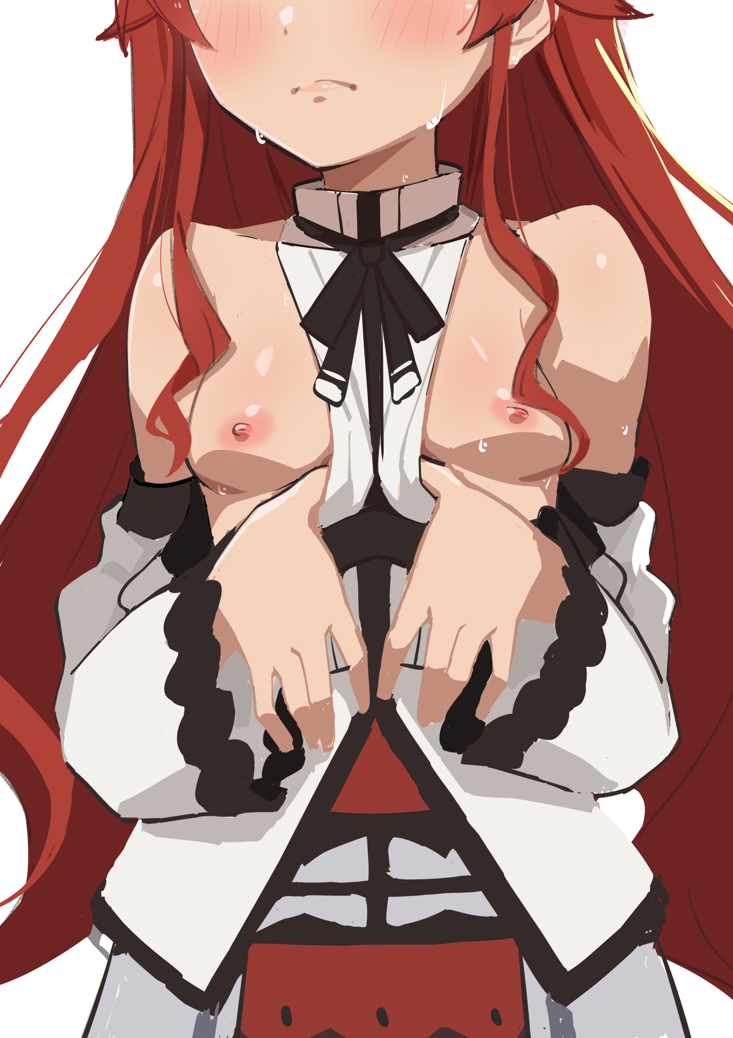 1girls, black ribbon, blush, breasts, eris greyrat, female, female only, morisobo, mushoku tensei, nipples, presenting, red hair, small breasts, solo, sweat, tagme, very long hair