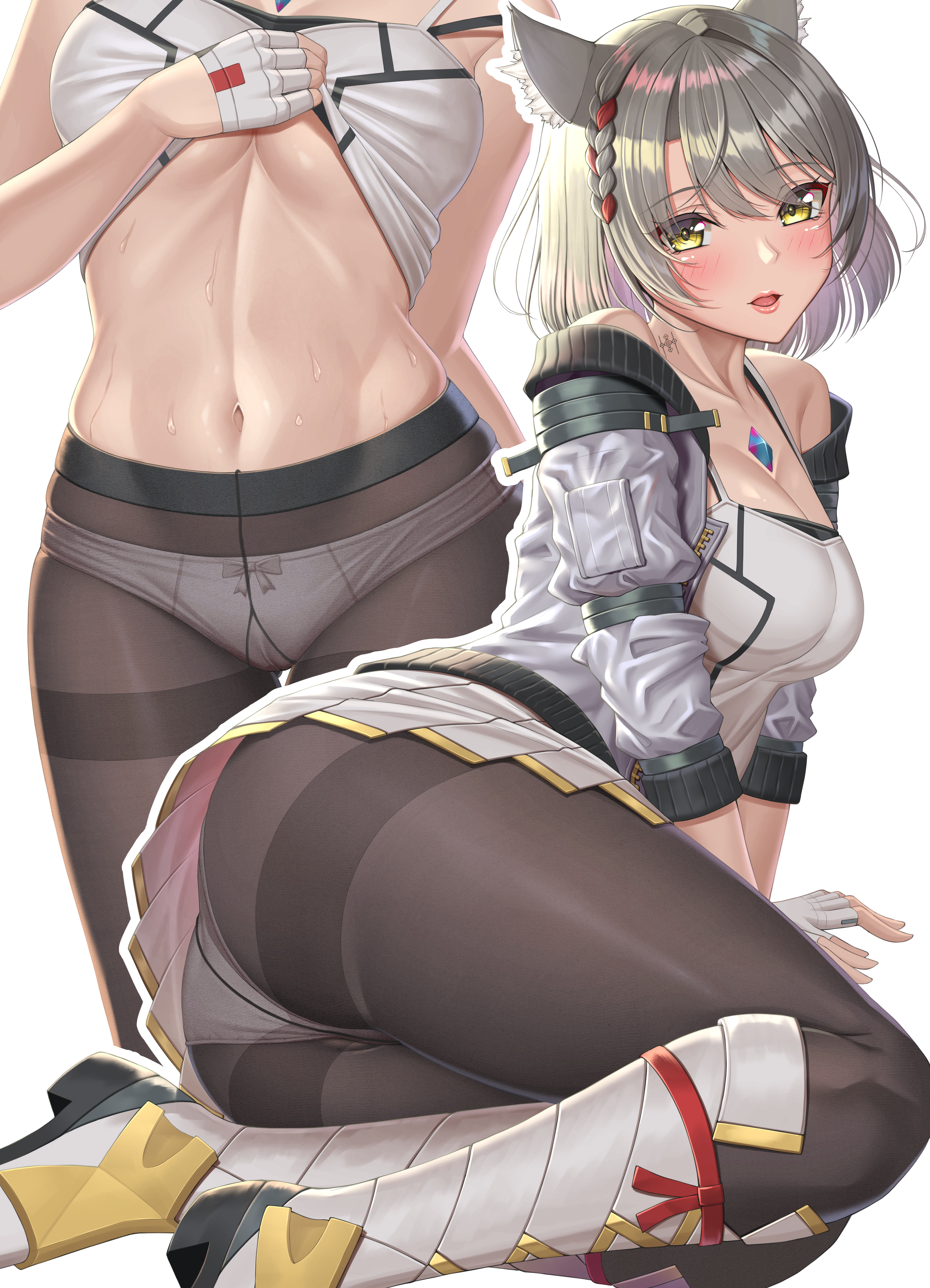 1girls, 2022, absurd res, ass, big eyes, boots, breasts, cat ears, cat girl, catgirl, clothed, clothed female, female, female only, flashing panties, grey hair, hips, large ass, looking at viewer, lying on side, medium breasts, mio (xenoblade), nintendo, panties, pantyhose, short hair, simple background, slim waist, sssemiii, thighs, xenoblade (series), xenoblade chronicles 3