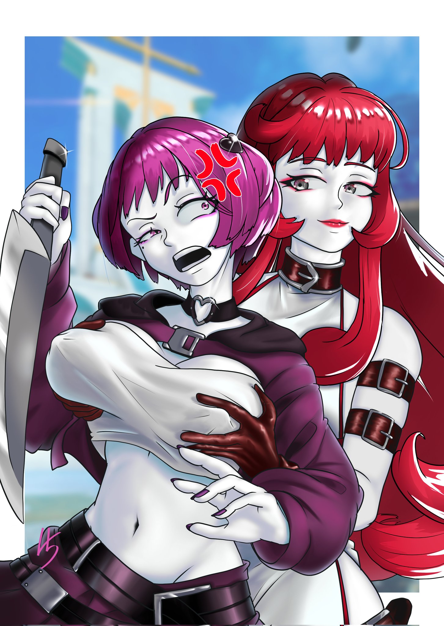 annoyed, big breasts, breasts, female, female only, grope, groping, groping breasts, groping from behind, neon red, neon violet, neon white, purple hair, red hair, yuri