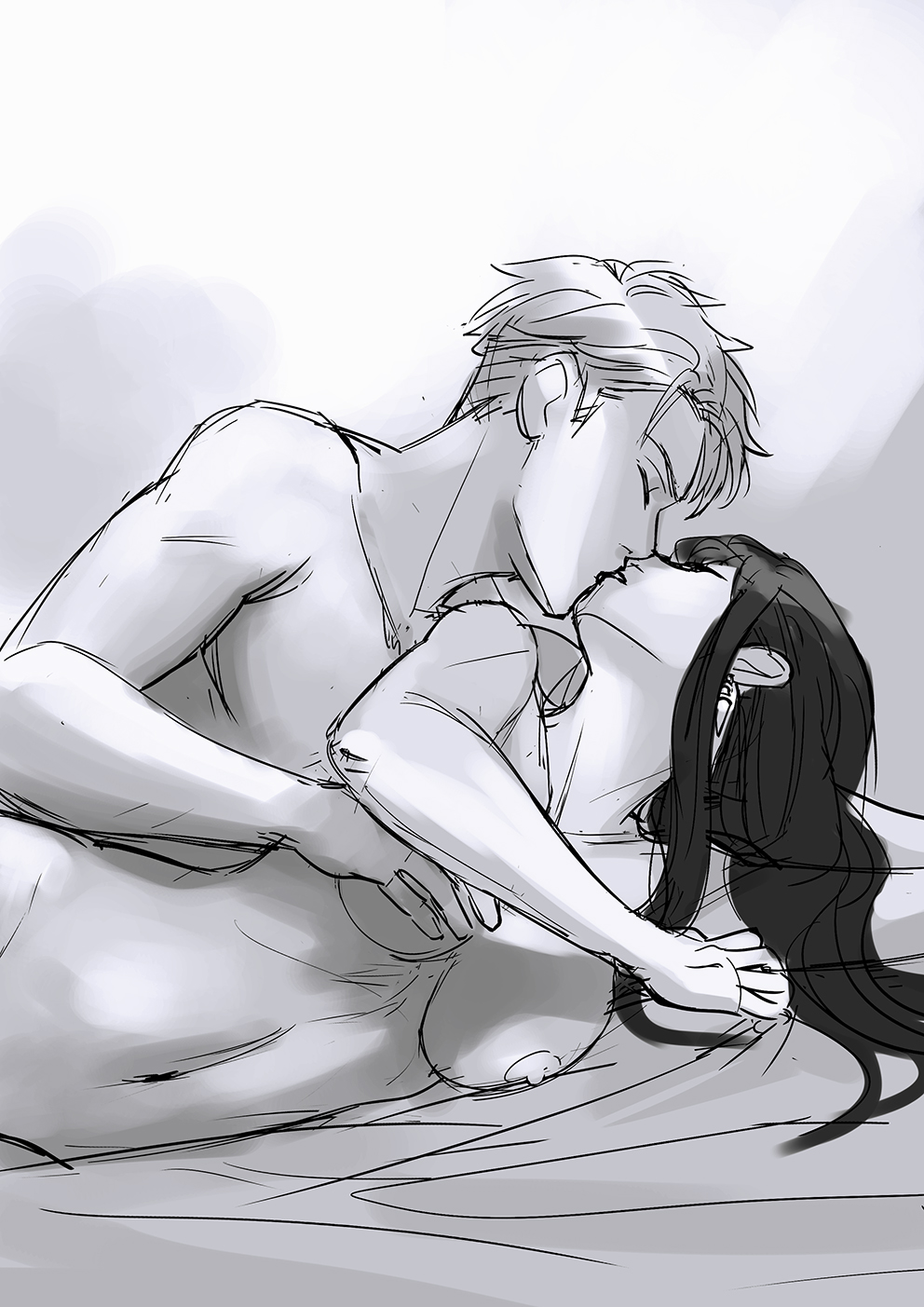 1boy, 1girls, areolae, big breasts, black hair, breast grab, breasts, bunphrodite, canon couple, female, from behind, grabbing another's breast, grabbing breasts, grabbing from behind, greyscale, kissing, loid forger, long hair, lying on side, male, monochrome, navel, nipples, nude, romantic, short hair, sketch, spy x family, straight, wholesome, yor briar, yor forger